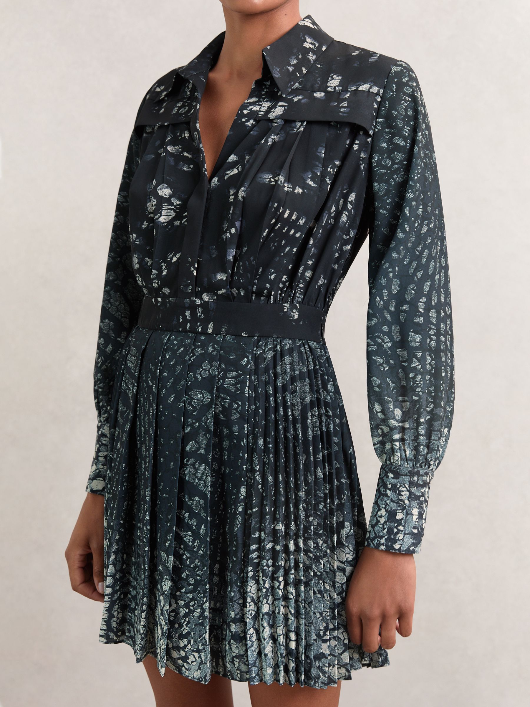 Printed Pleated Shirt Dress in Navy