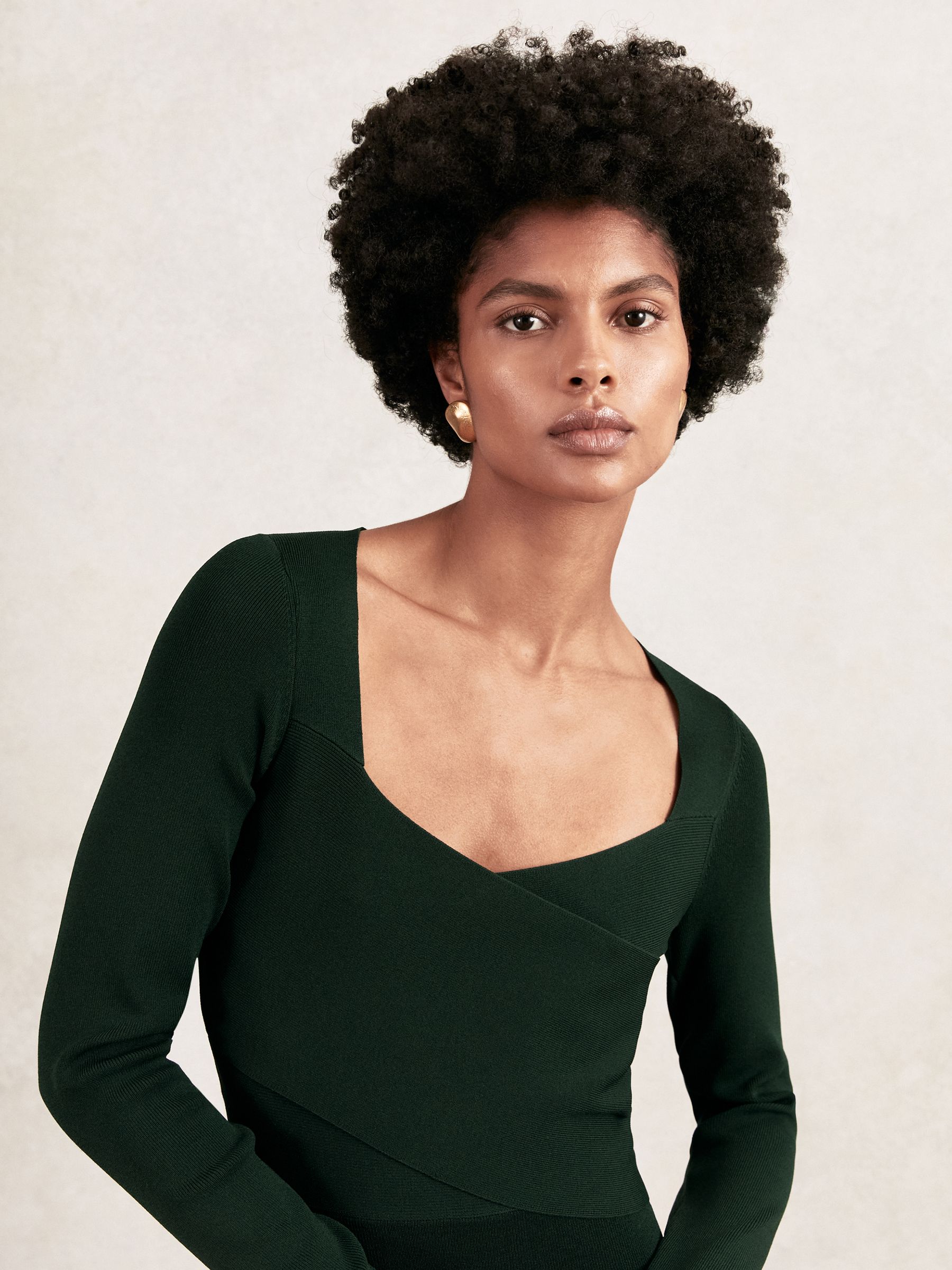 Knitted Wrap-Front Midi Dress in Green