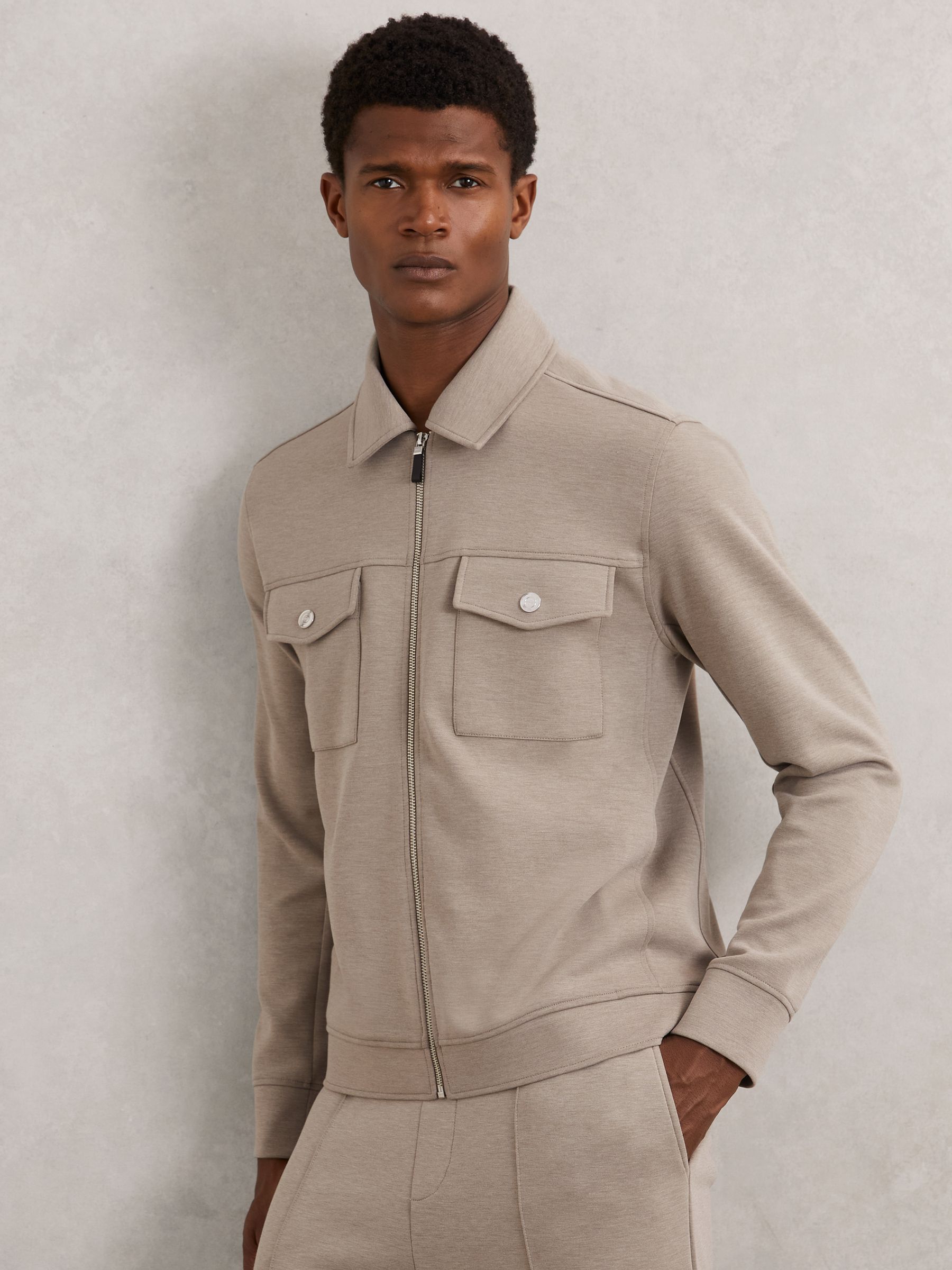 Interlock Jersey Zip-Through Jacket in Taupe Brown