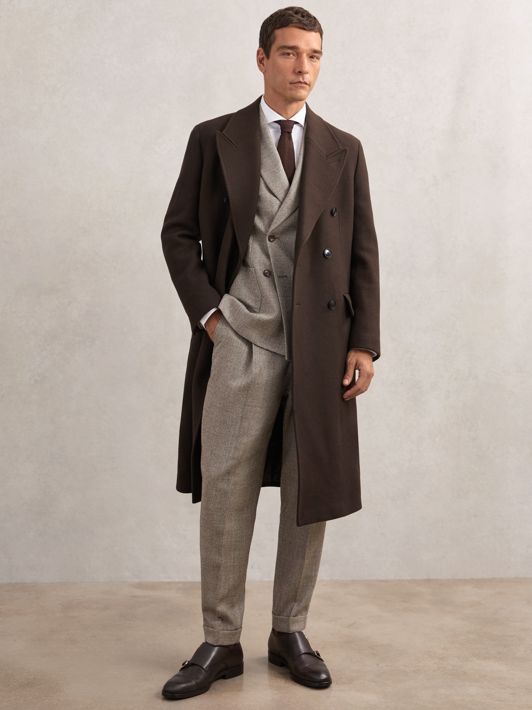 Wool-Blend Slim Herringbone Trousers in Brown