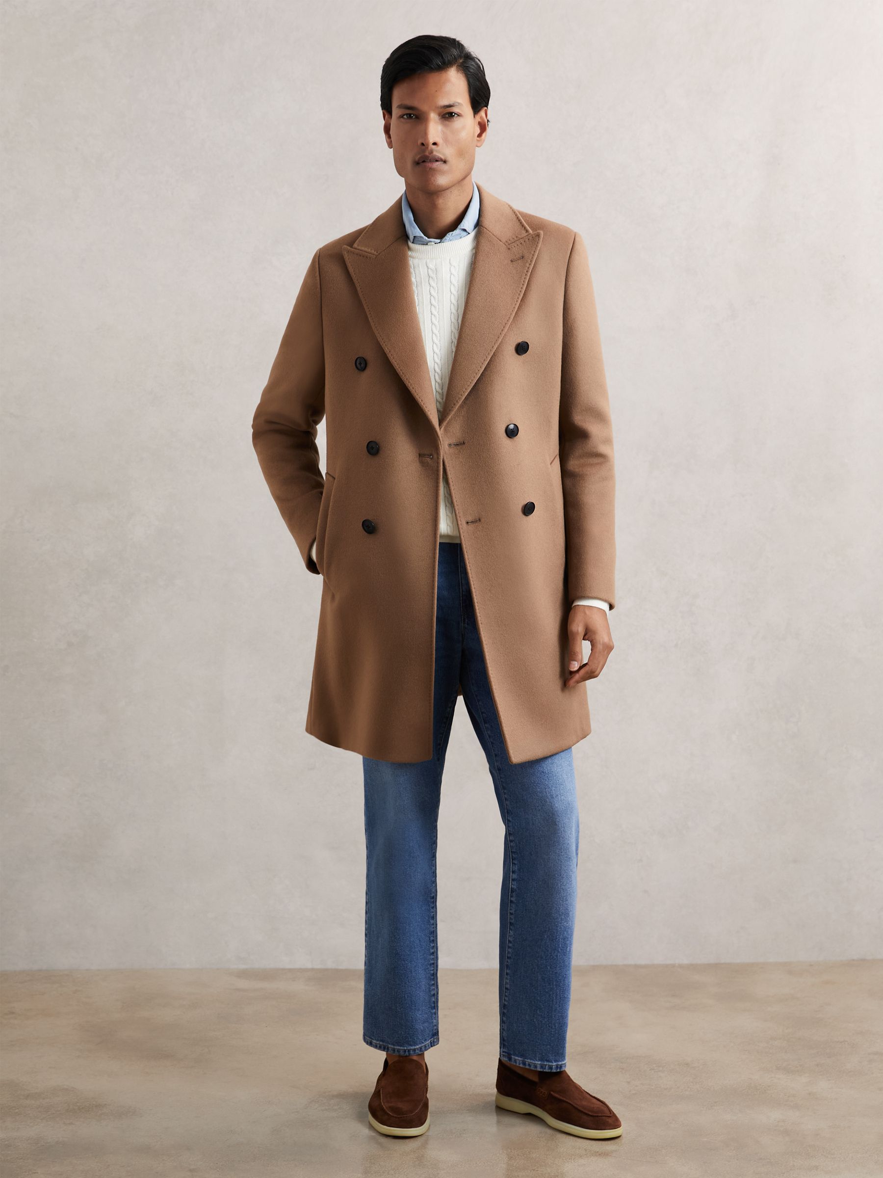 Wool-Blend Double-Breasted Overcoat in Light Brown