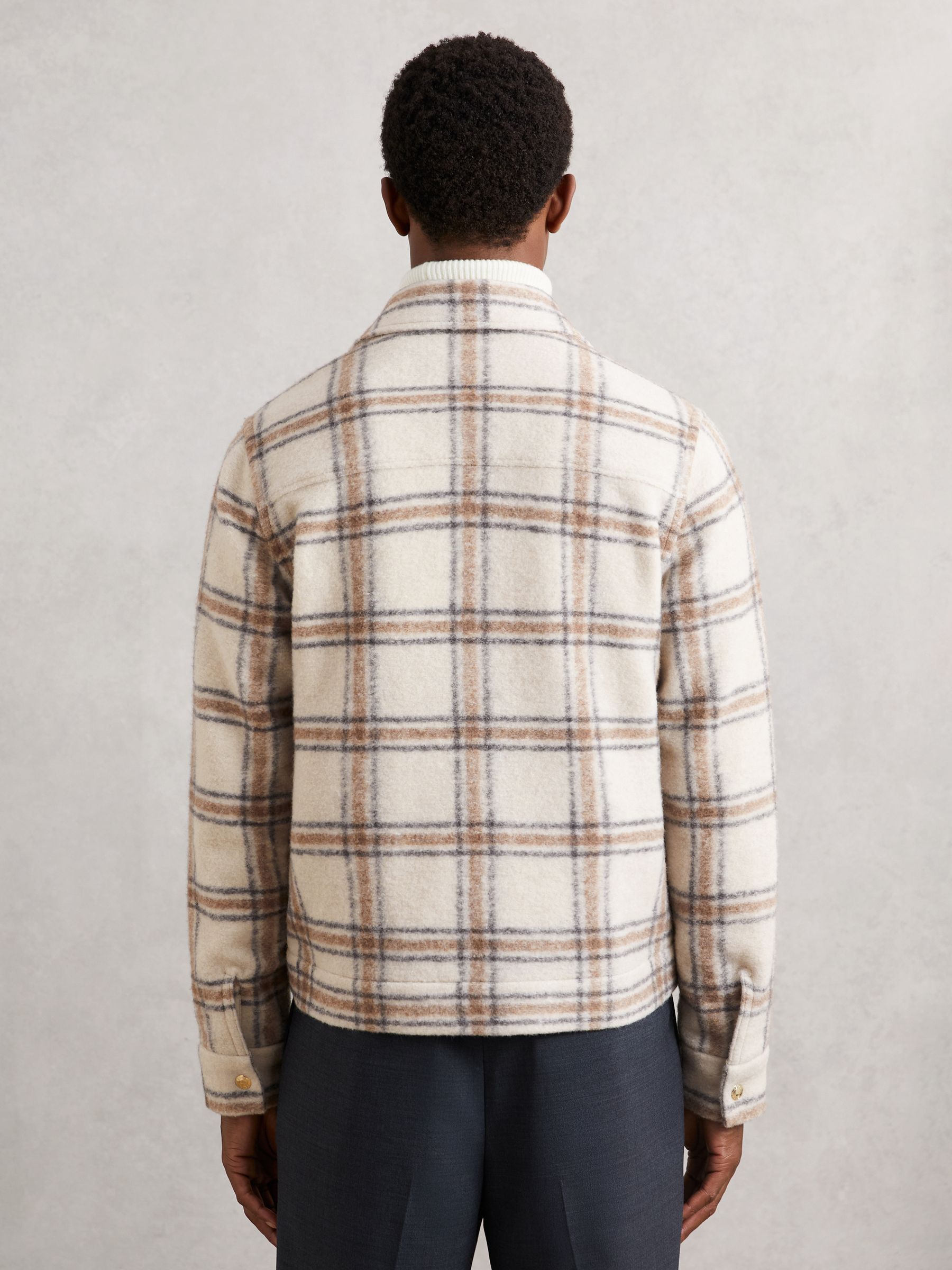 Zip-Through Check Overshirt with Wool in Stone