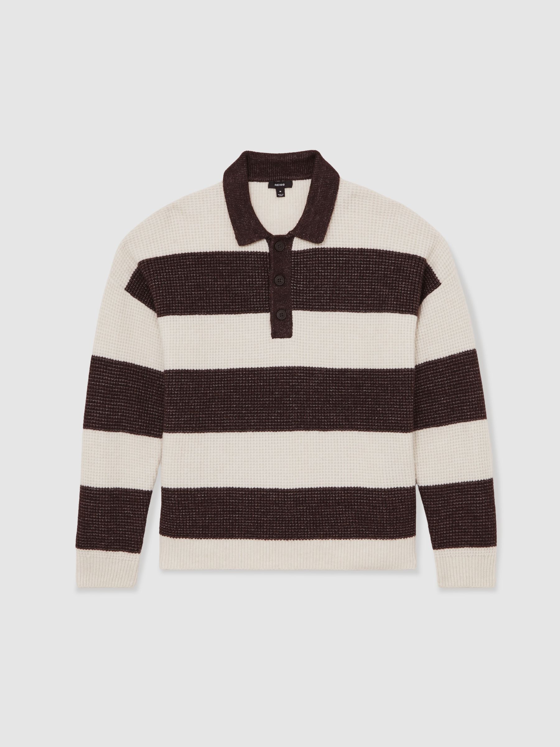 Waffle-Knit Stripe Half-Button Jumper with Wool in Chocolate Brown/Off White