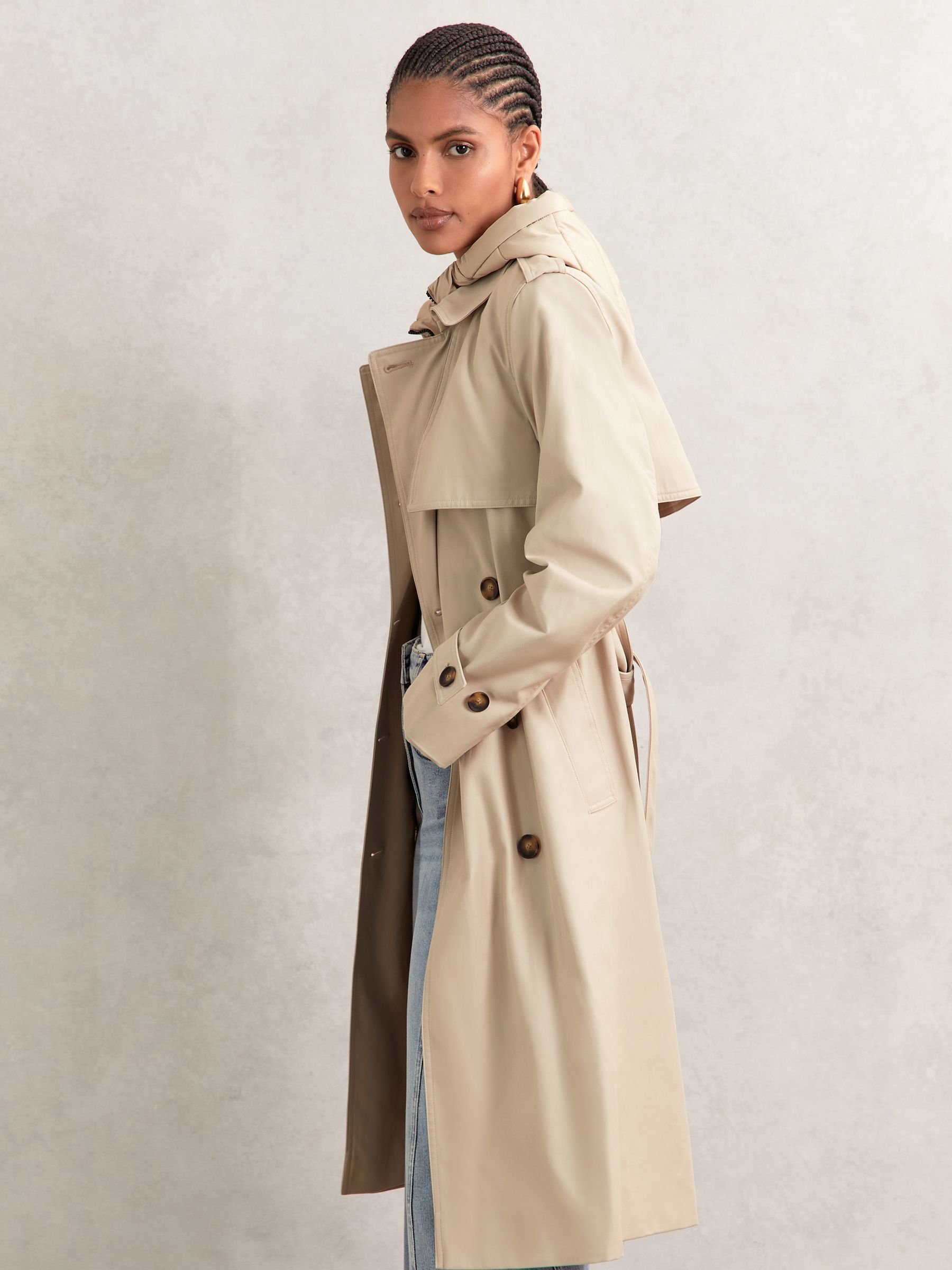 Hooded Insert Trench Coat in Stone
