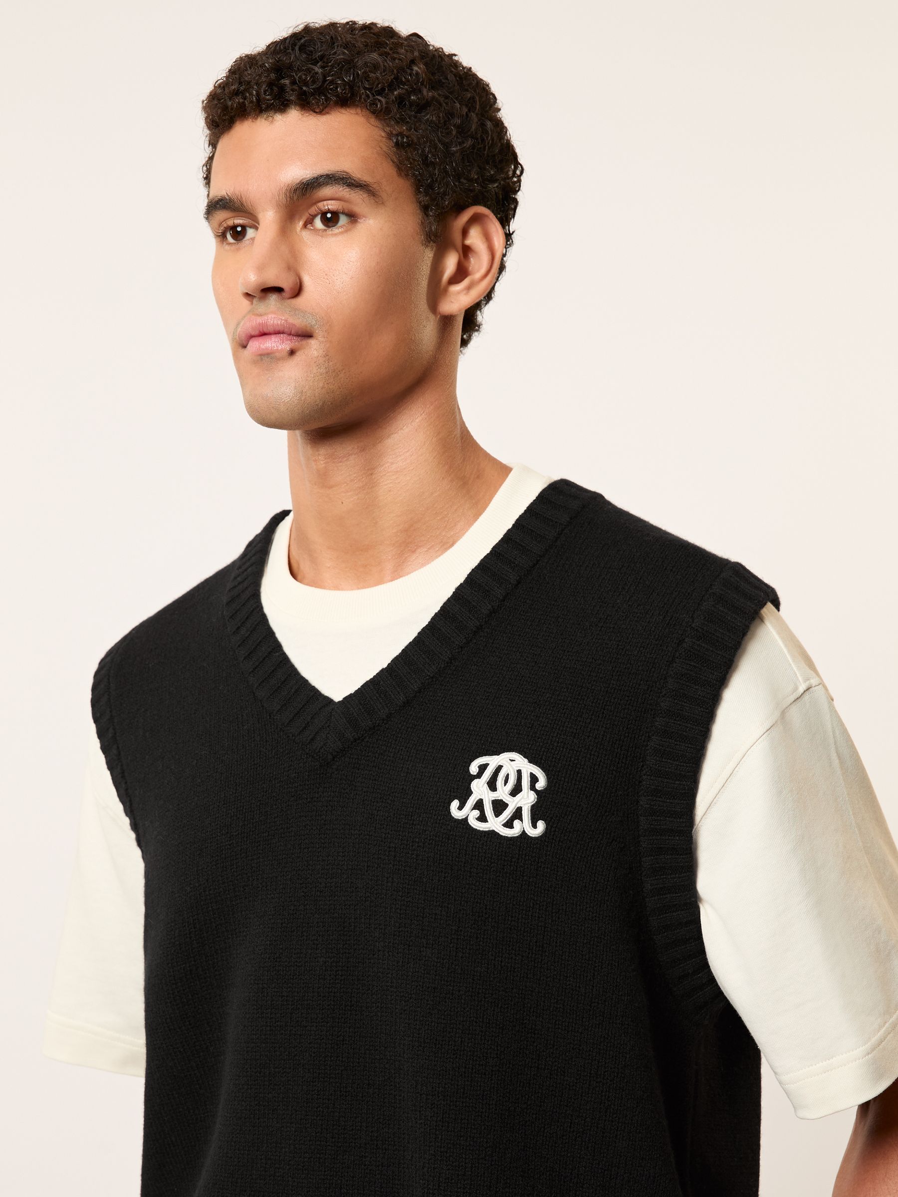 Monogram Embroidered Relaxed Wool Vest in Black