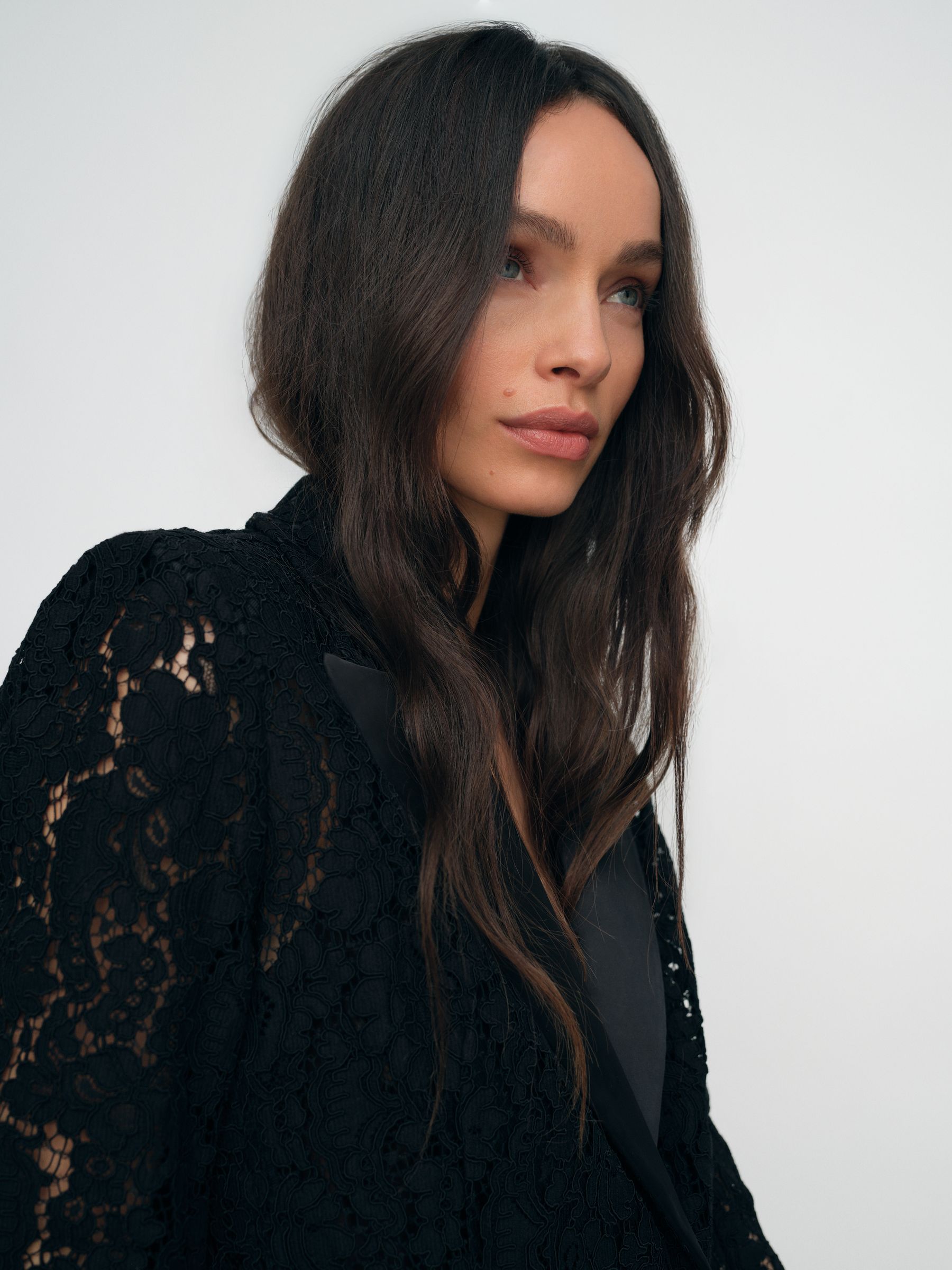 Double-Breasted Lace Tuxedo Blazer in Black