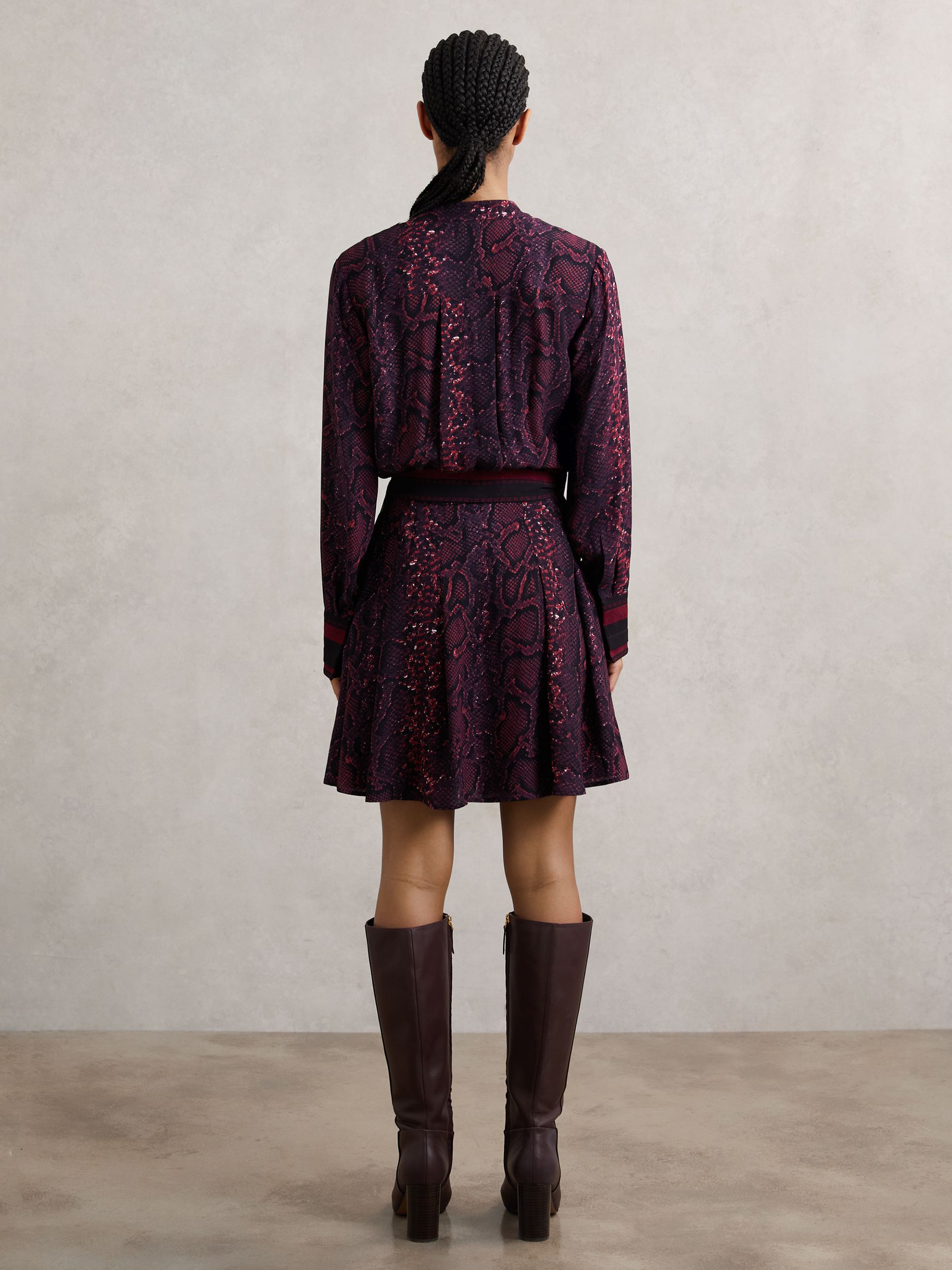 Snake-Print Belted Mini Dress in Burgundy/Black