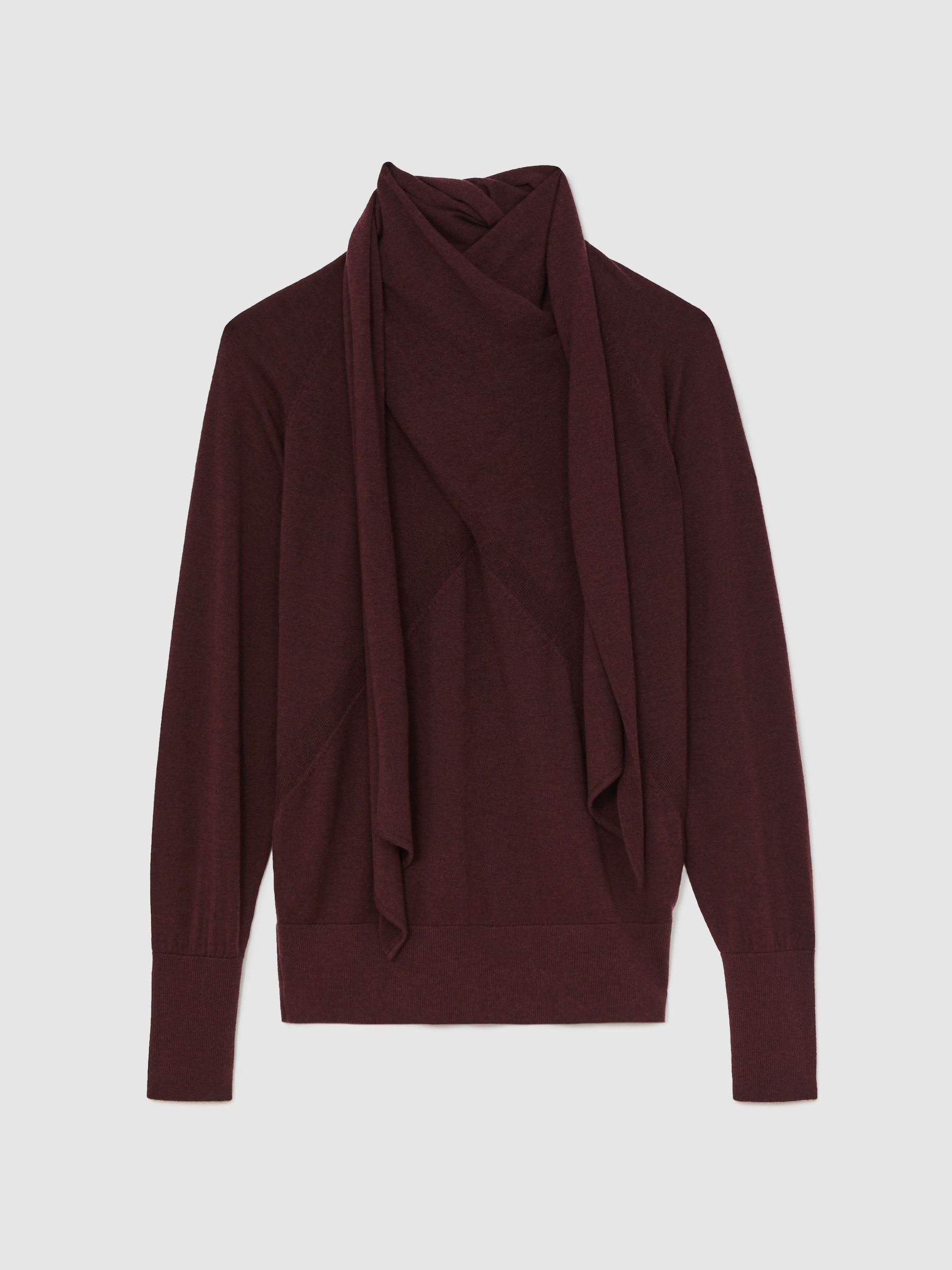 Wool Scarf-Tie Draped Jumper in Burgundy