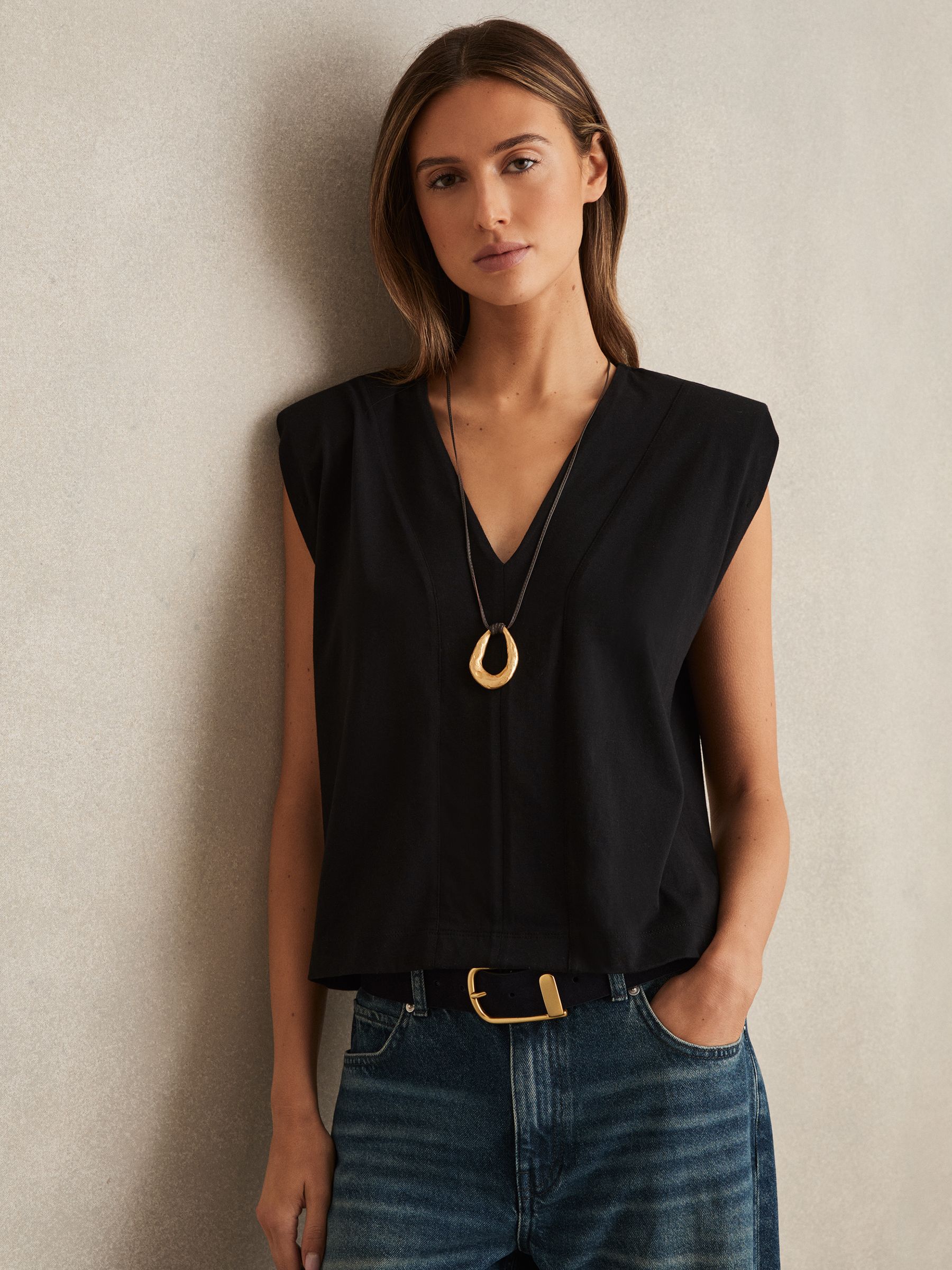 Cotton Shoulder-Pad V-Neck Top in Black