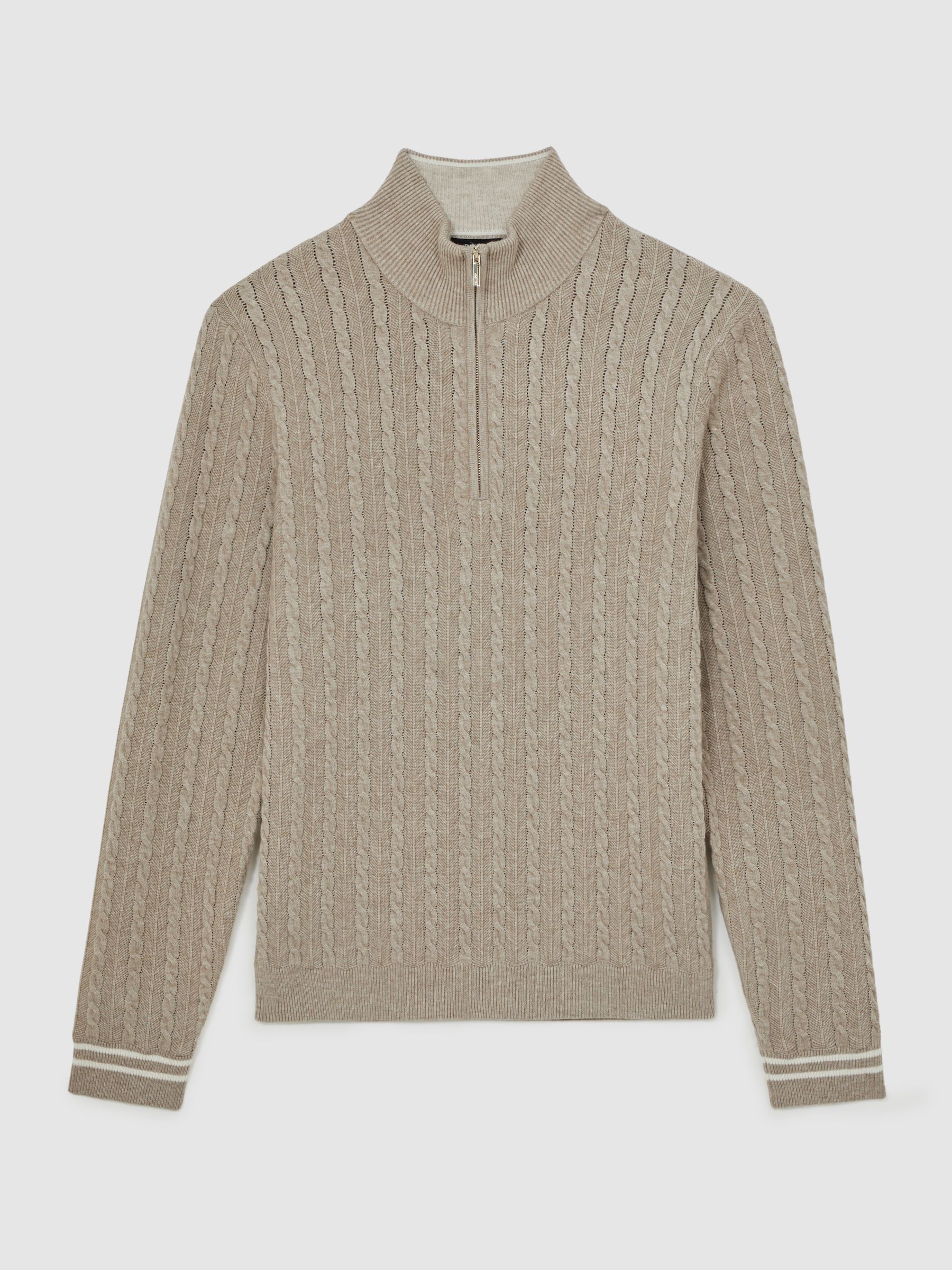 Half-Zip Cable Knit Jumper With Wool in Oatmeal Brown
