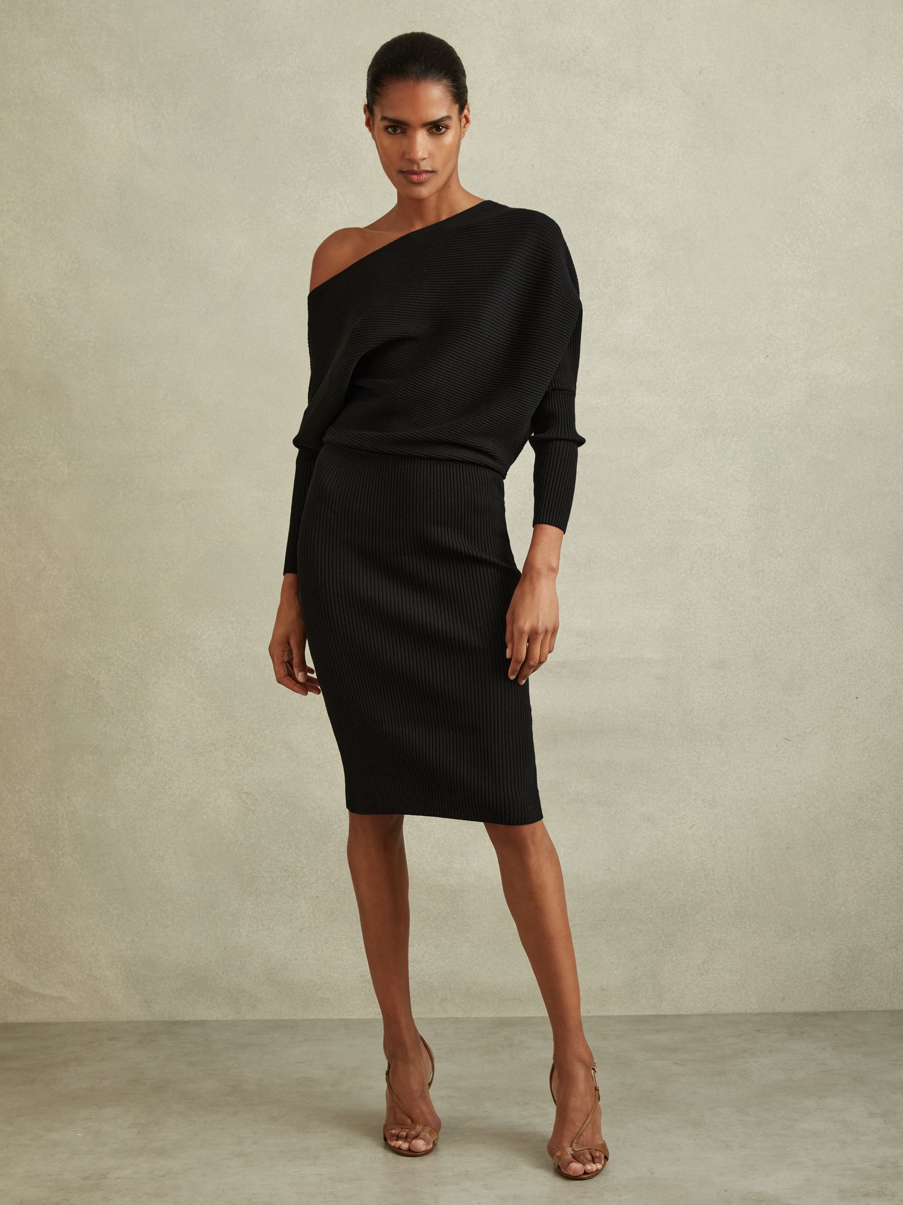 Off-The-Shoulder Ribbed Midi Dress in Black