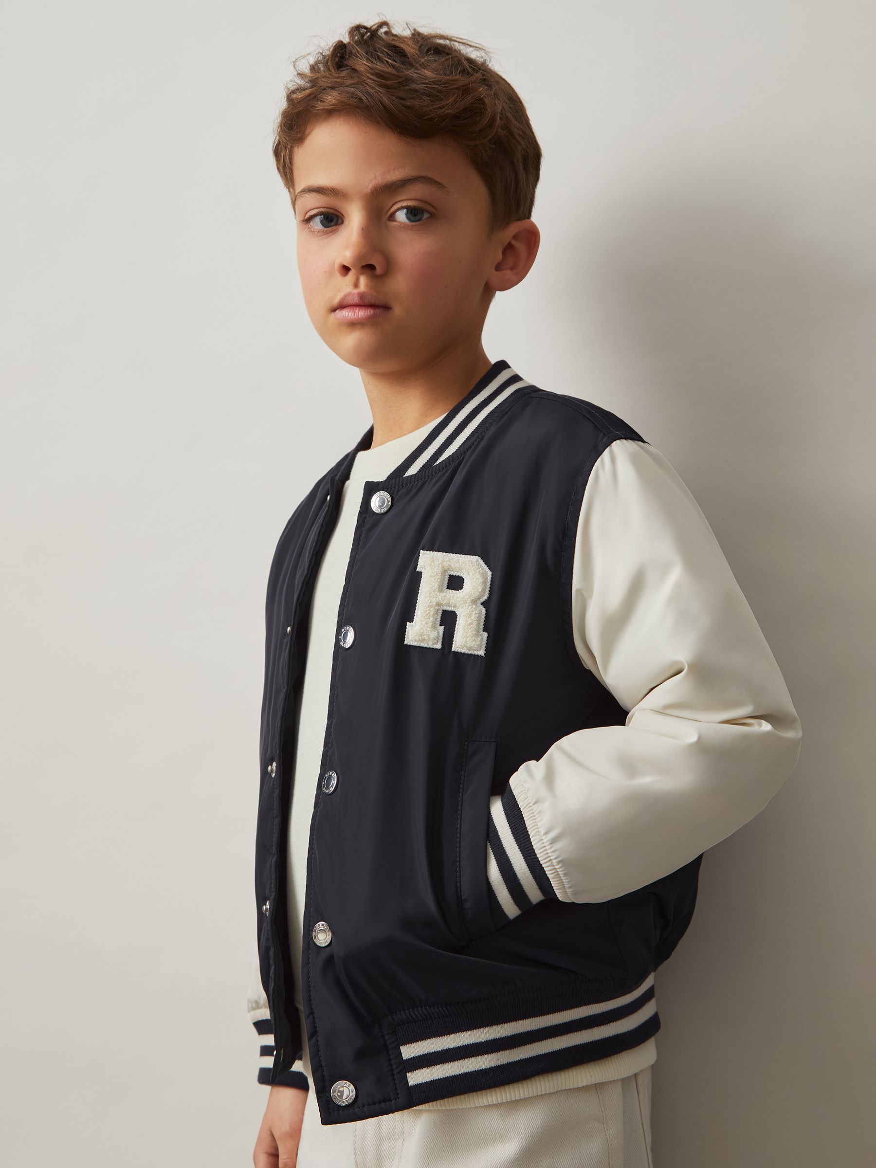 9-13 yrs Colour-Block Varsity Bomber Jacket in Mink Brown/Off White