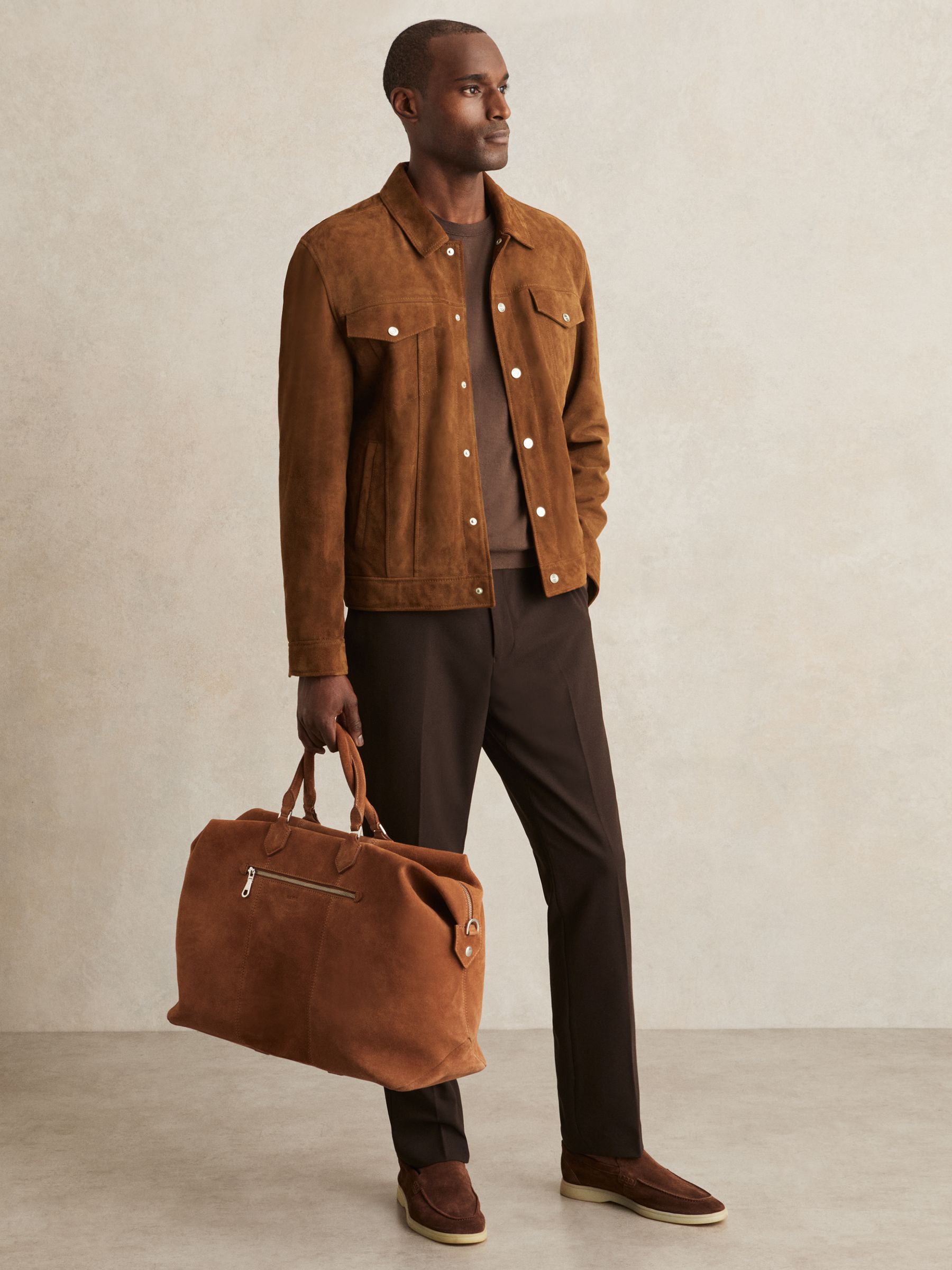 Suede Press Stud Trucker Jacket in Tobacco Brown