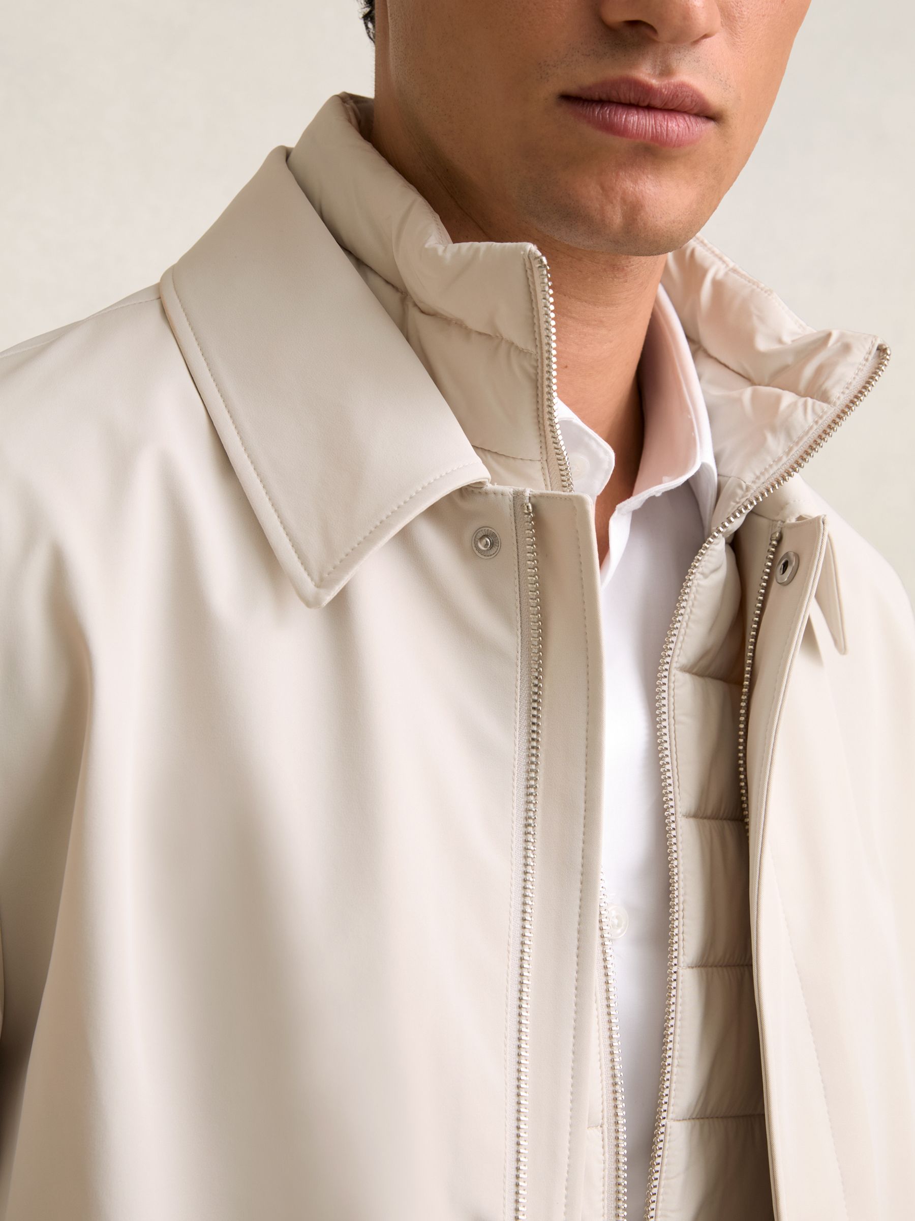 Hybrid Removable Funnel Neck Overcoat in Light Stone