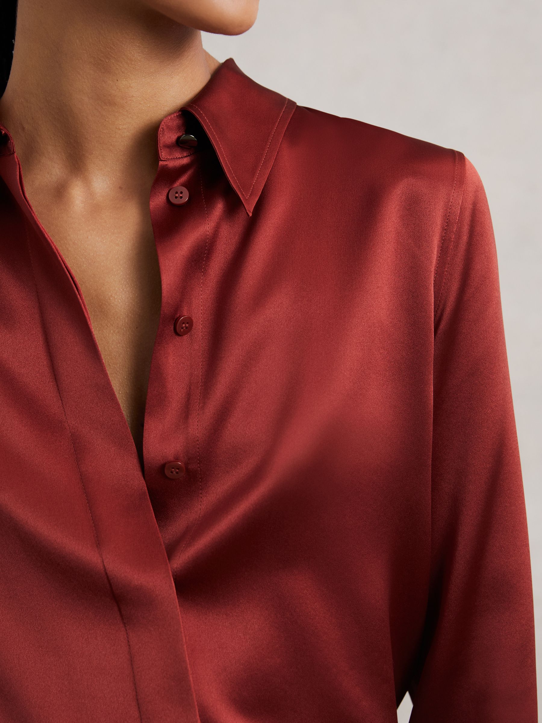 Silk-Satin Concealed-Placket Shirt in Taupe Brown