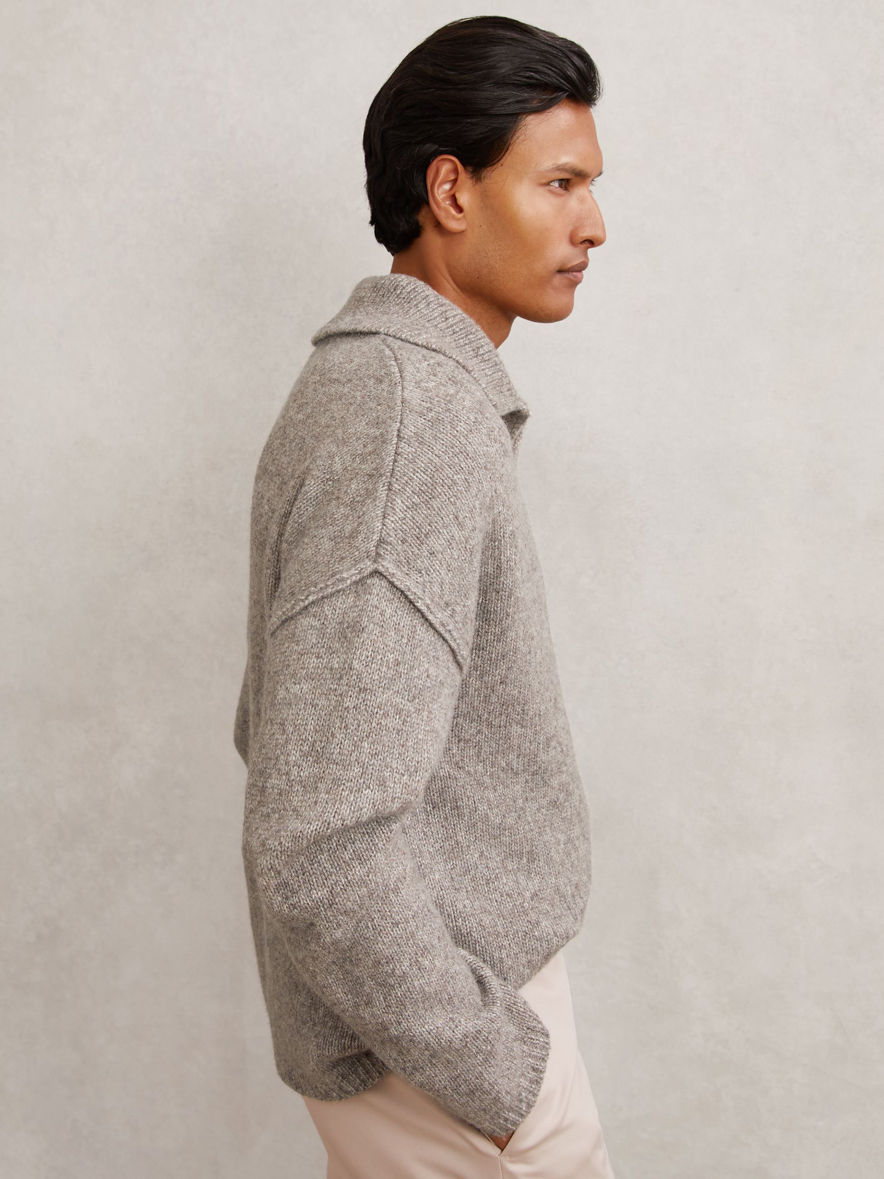 Wool-Blend Relaxed Open-Collar Jumper in Taupe Brown Melange