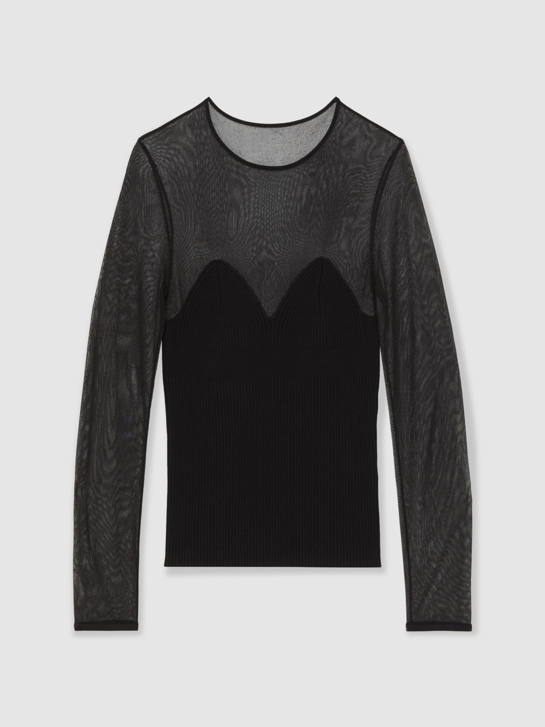 Mesh Knit Sweetheart Long-Sleeve Top in Black