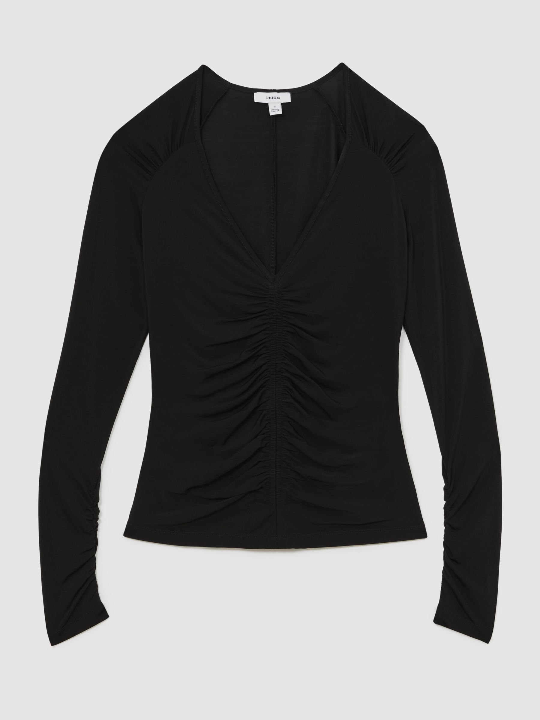 Ruched Mesh V-Neck Top in Black