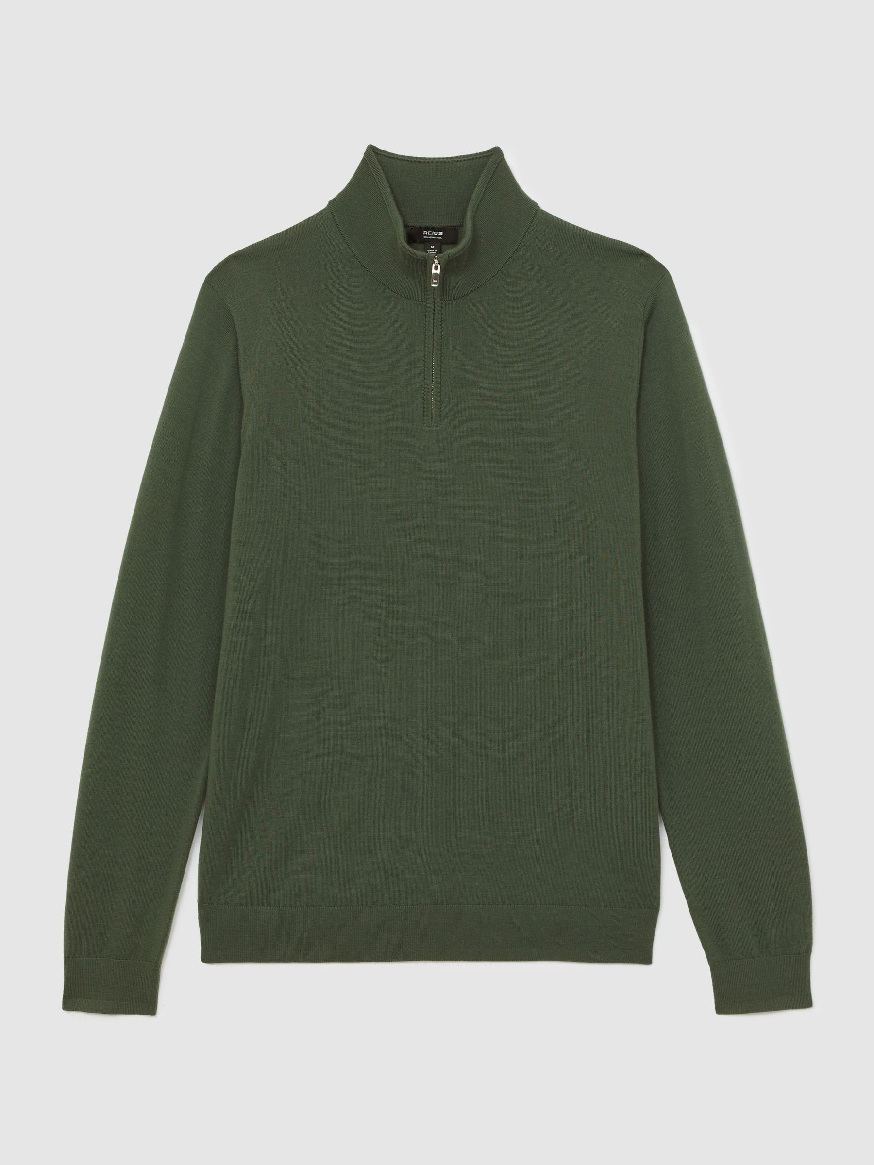 Merino Wool Half-Zip Funnel Neck Jumper in Kale Green