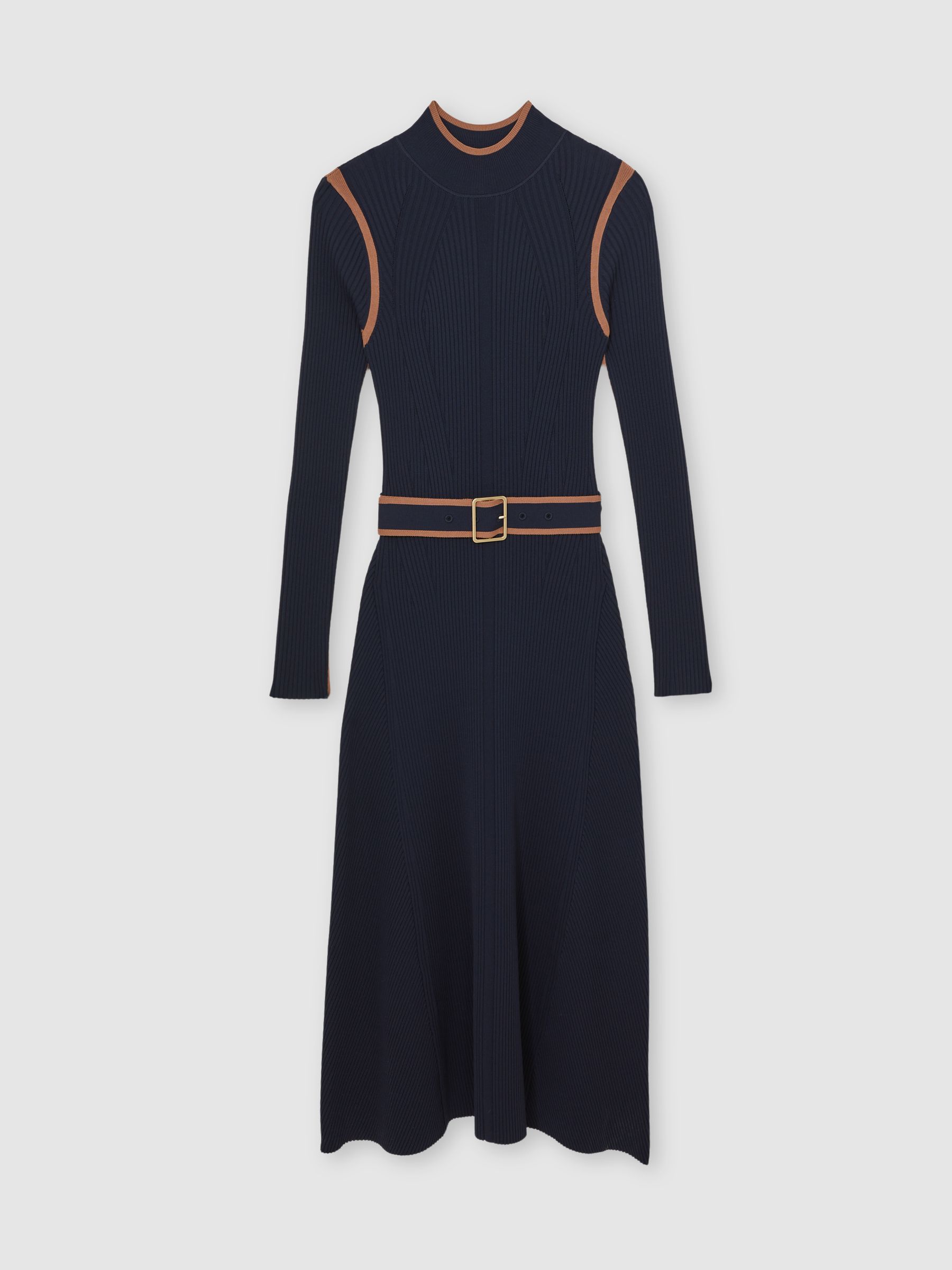 Colourblock Rib-Knit Midi Dress in Navy/Camel