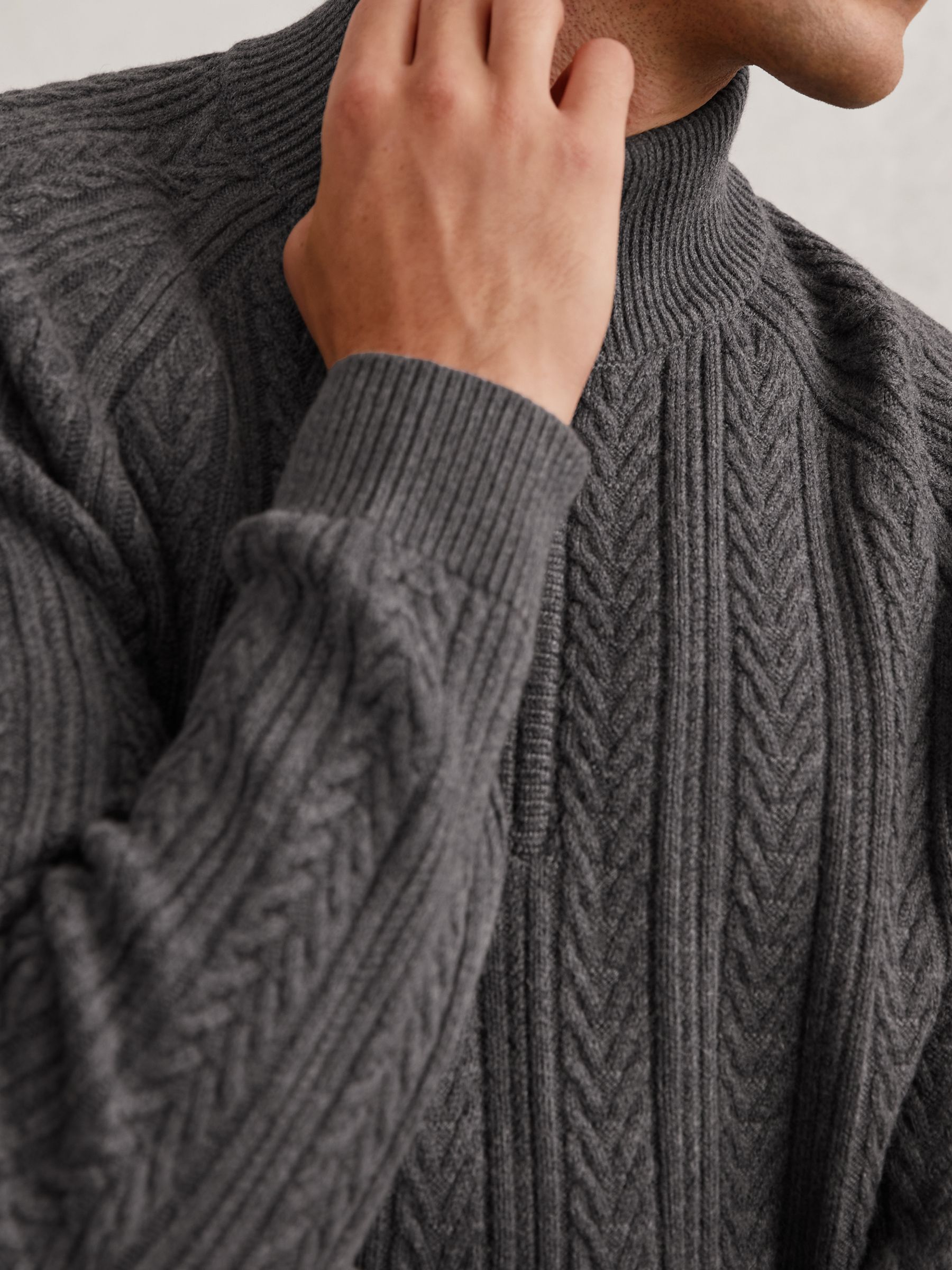 Cable-Knit Half-Zip Jumper with Wool in Mid Grey Melange