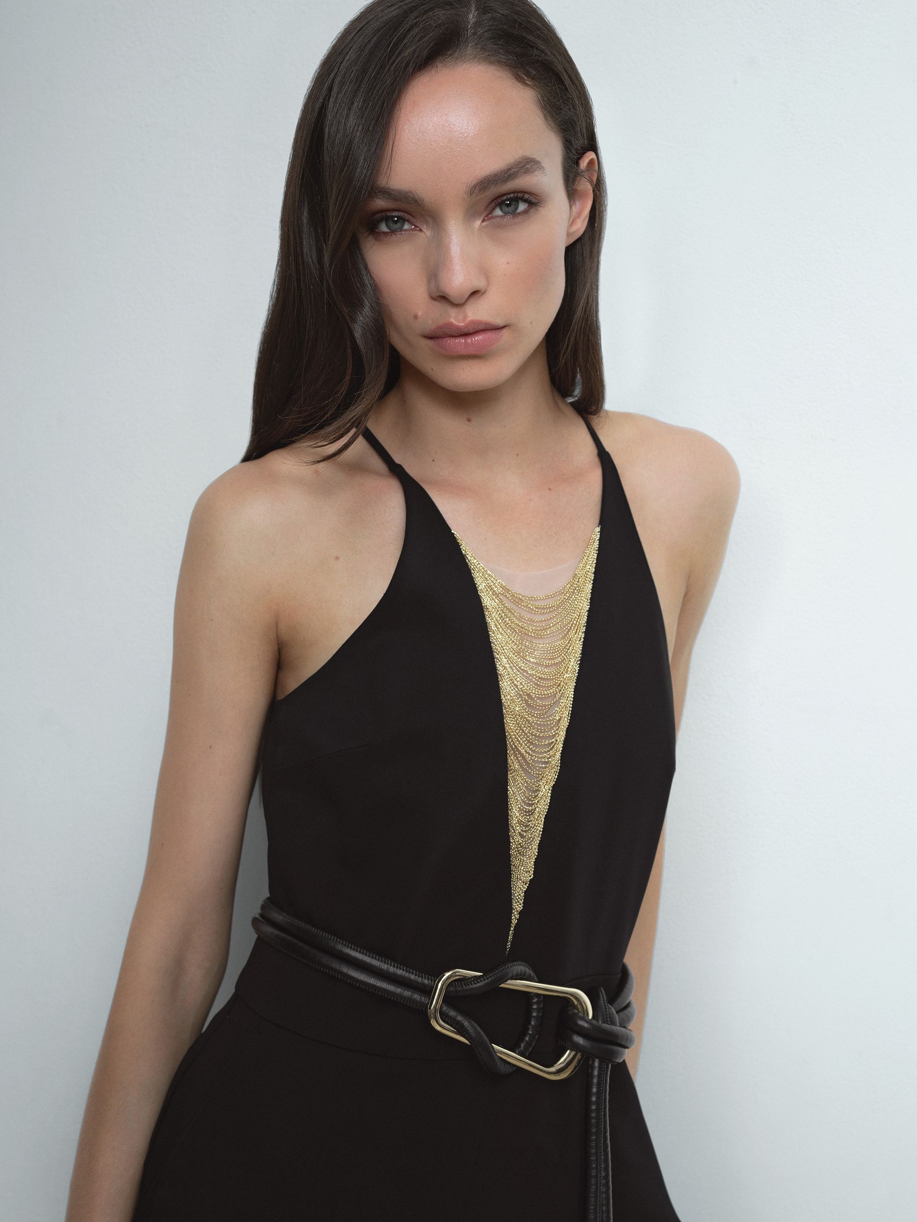 Chain-Detail Flared-Leg Jumpsuit in Black