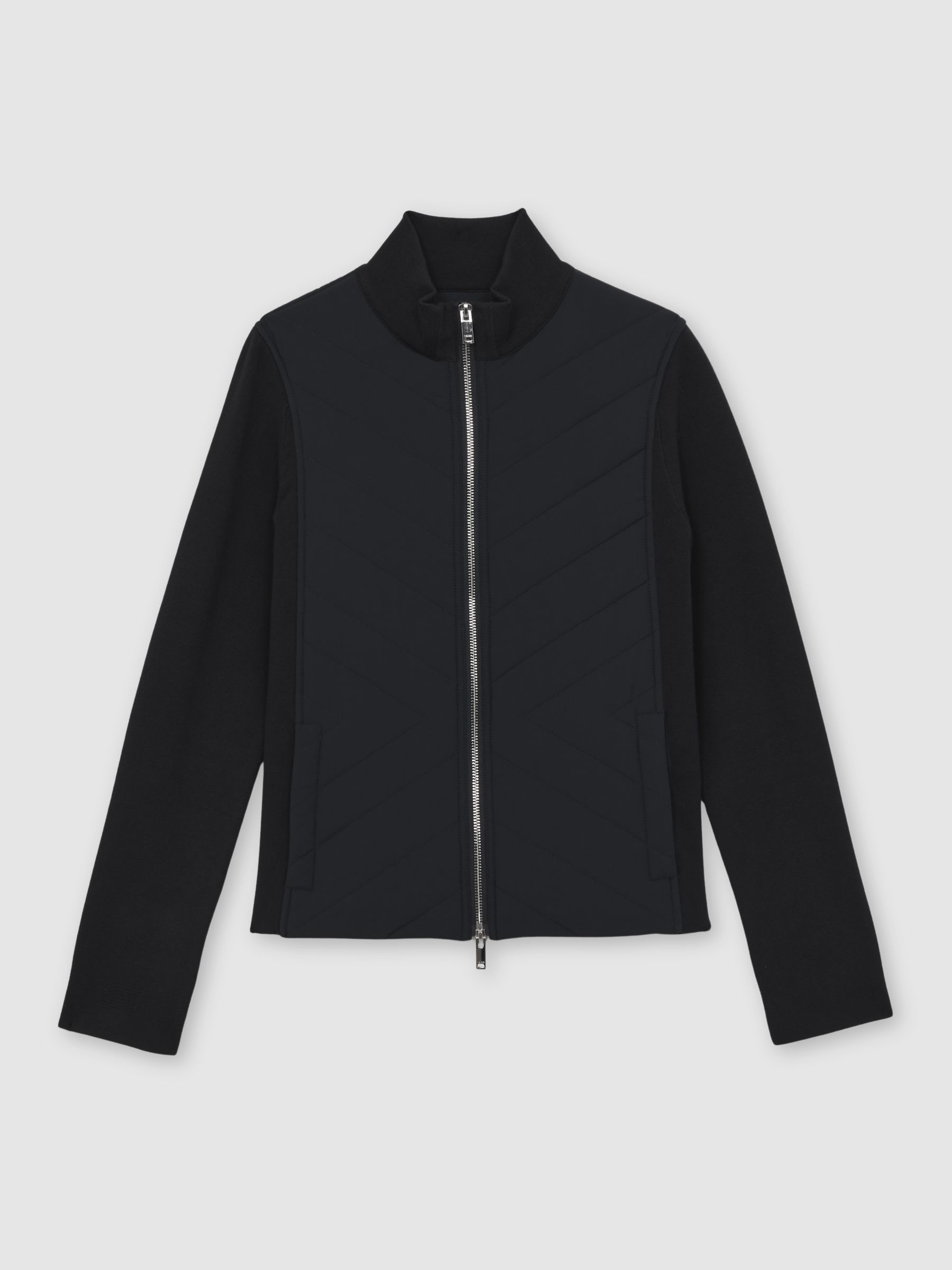 Hybrid Quilted Zip-Through Knit Jacket in Navy