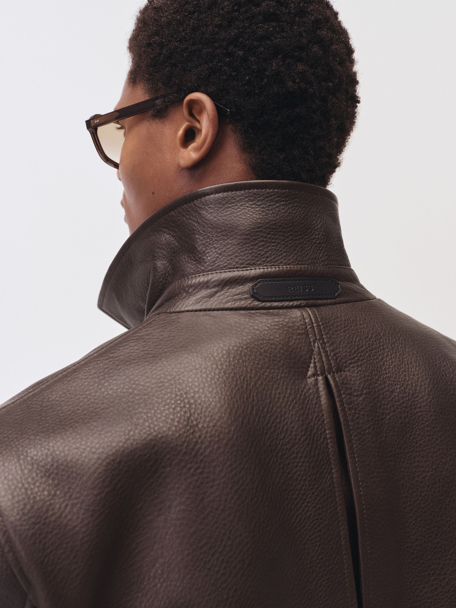 Burnished-Leather Zip-Through Jacket in Chocolate Brown