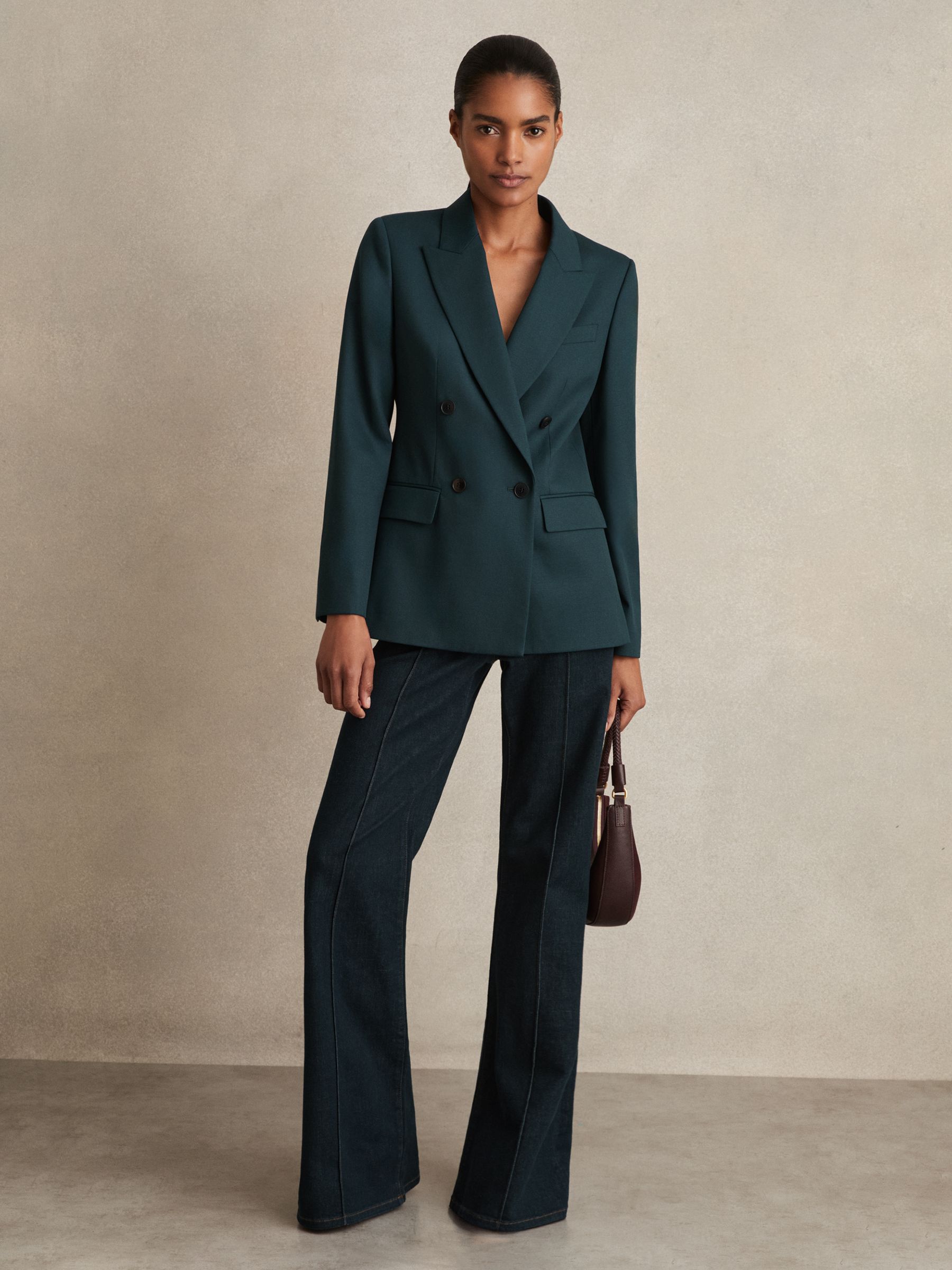 Wool-Blend Double-Breasted Suit Blazer in Green