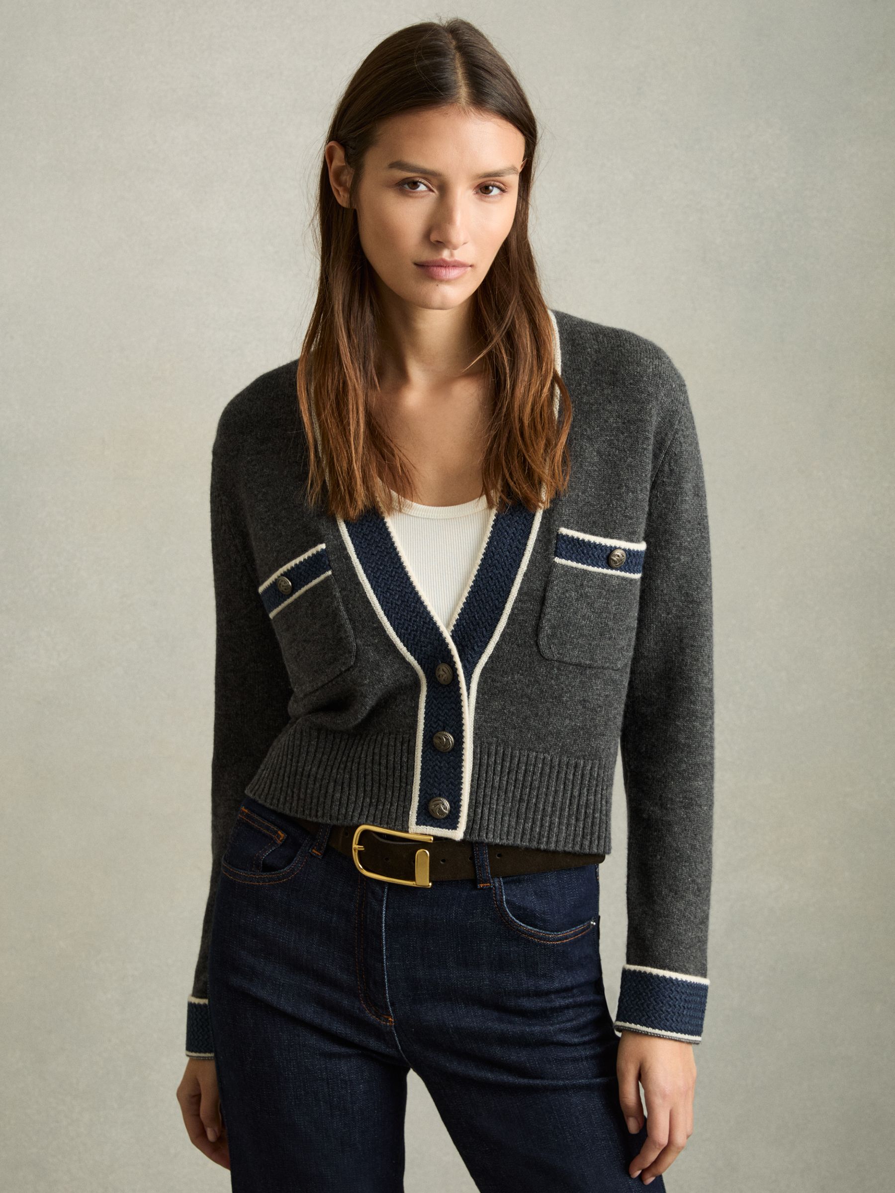 Wool-Cashmere Tipped V-Neck Cardigan in Charcoal