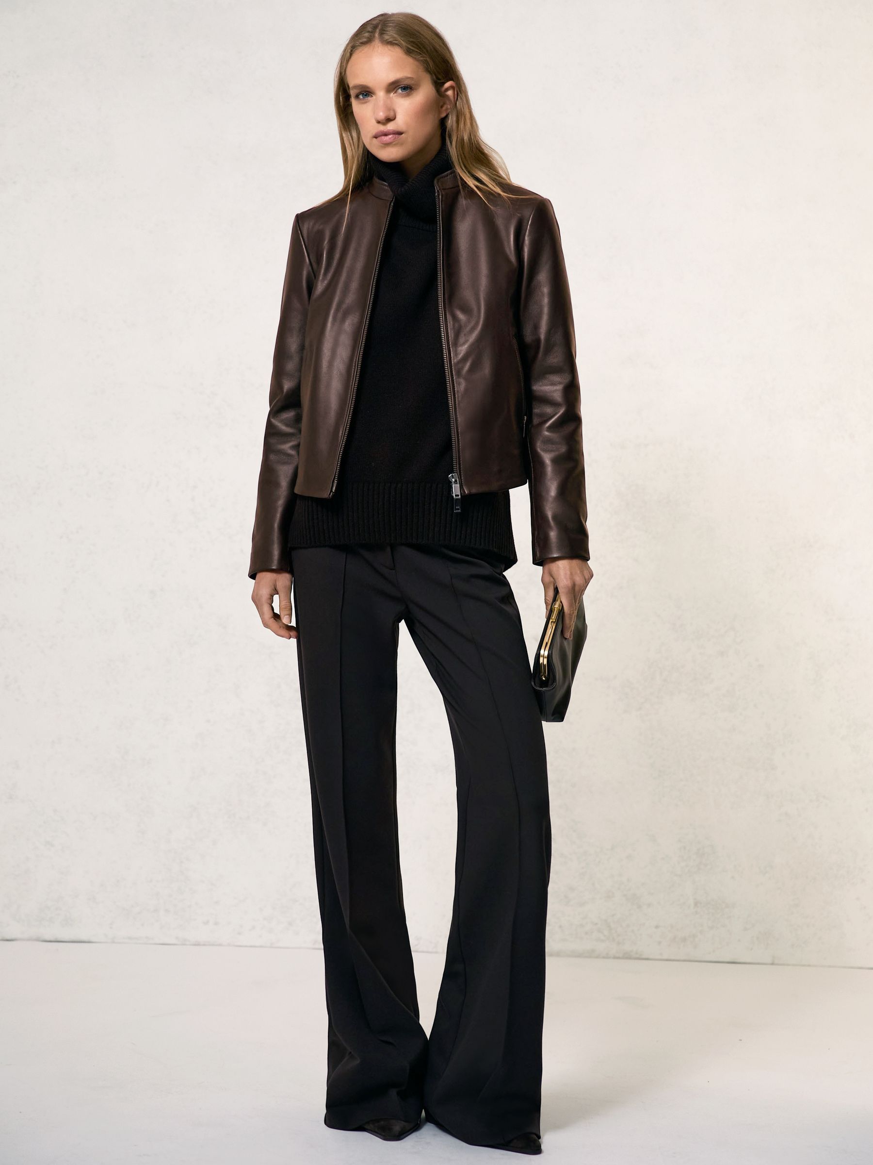 Leather Collarless Biker Jacket in Chocolate Brown
