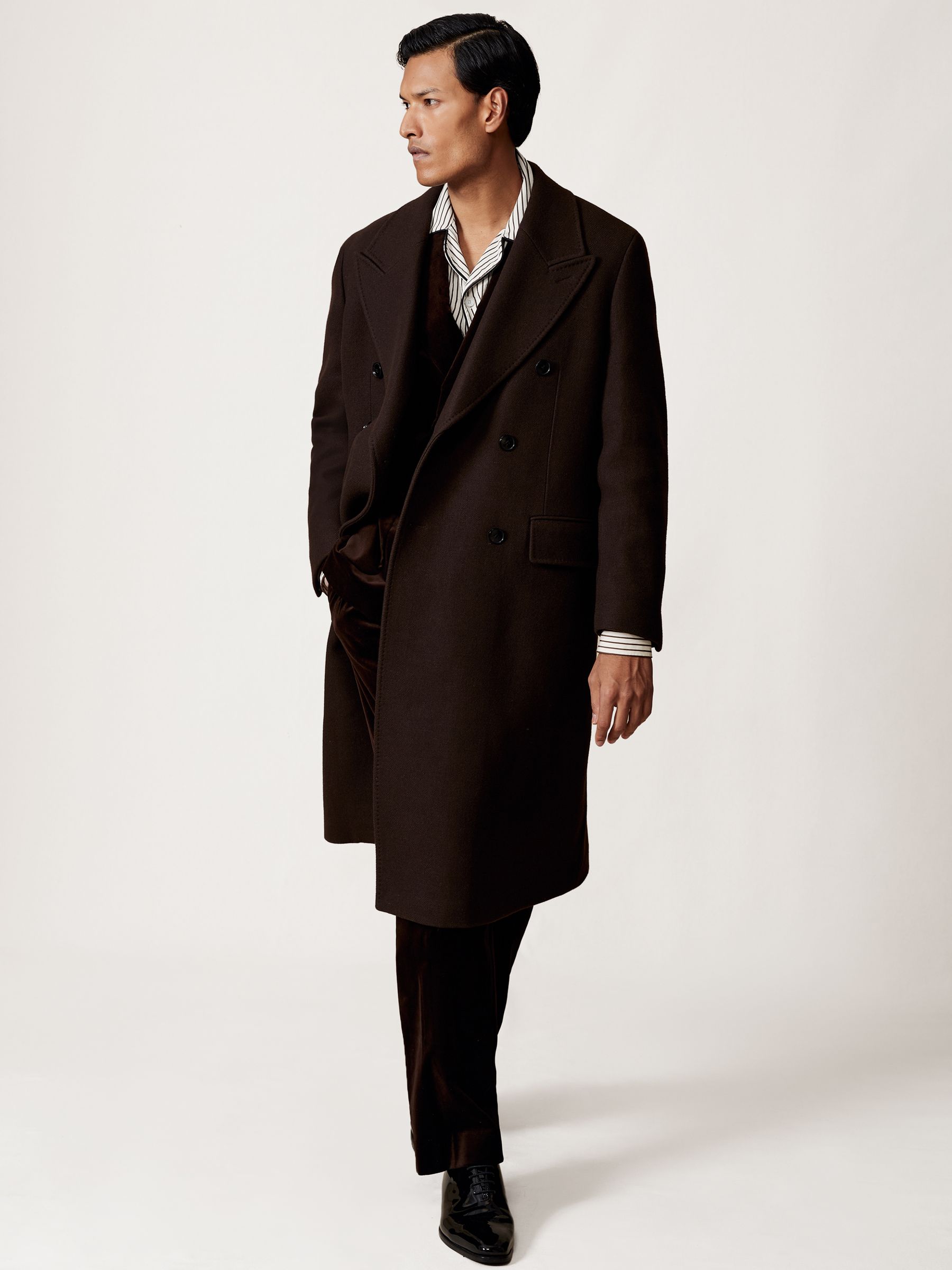 Stripe Cuban-Collar Piped Shirt in White/Brown