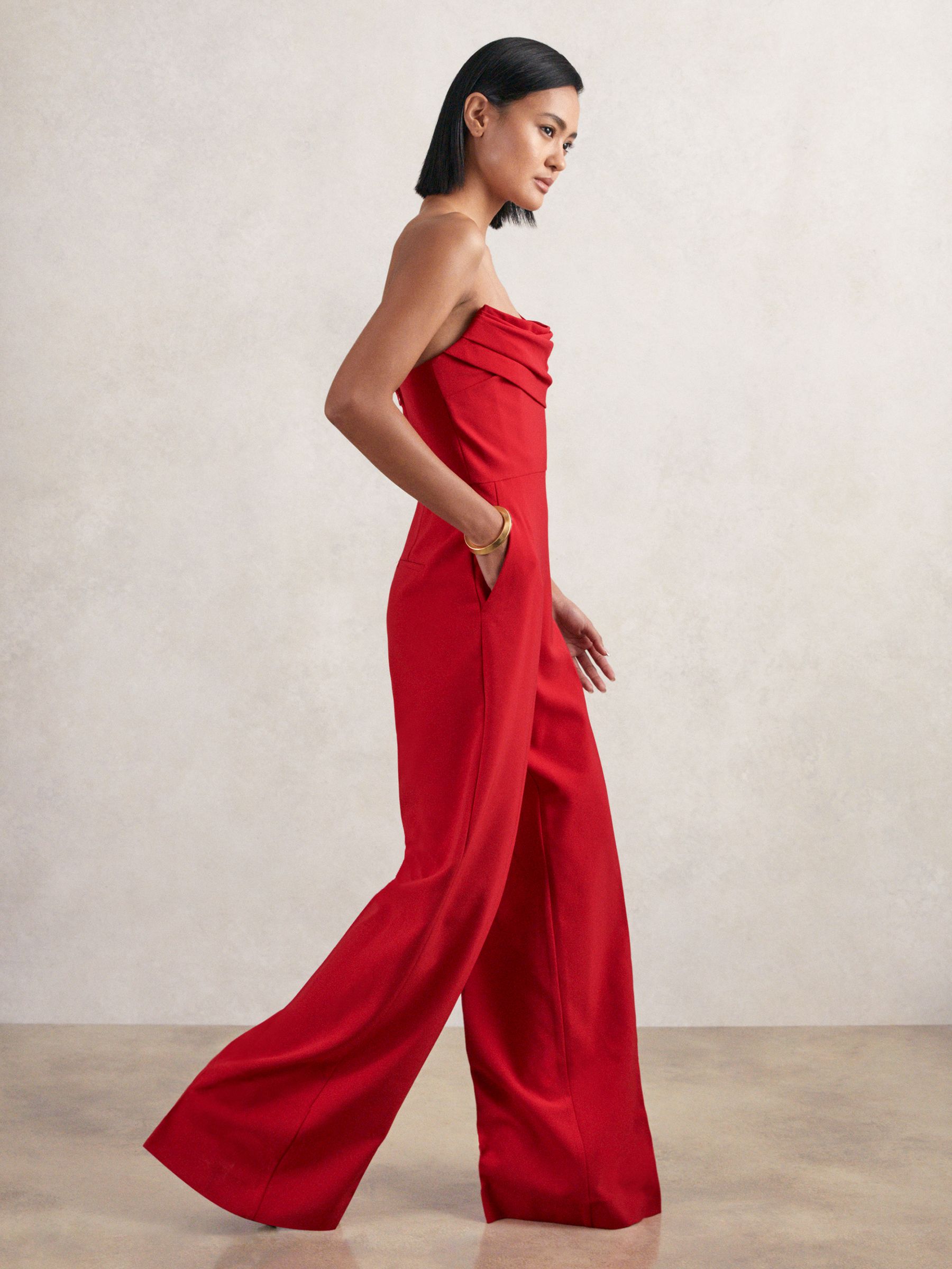 Structured Strapless Wide-Leg Jumpsuit in Red