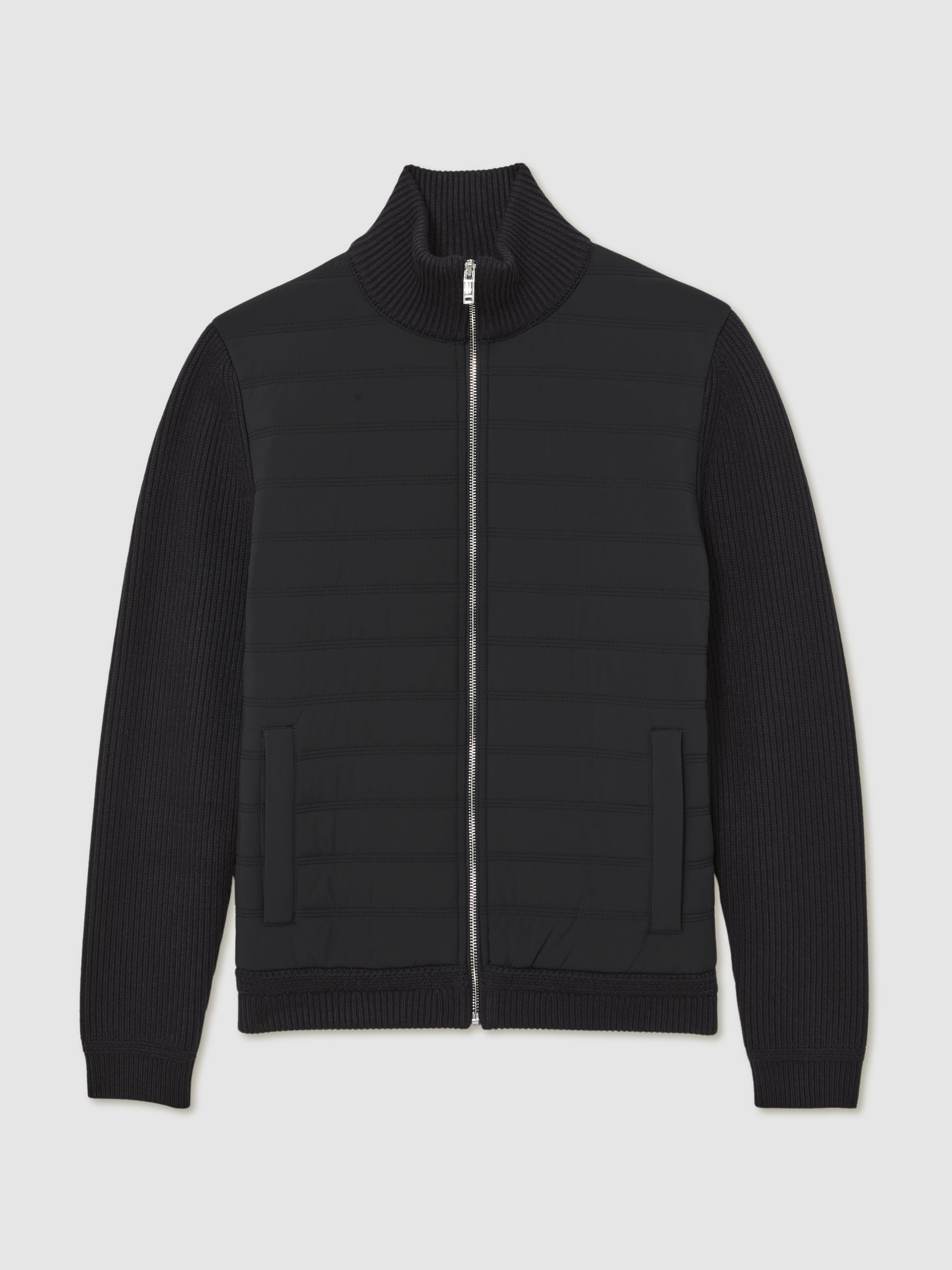 Quilted Rib-Knit Funnel-Neck Jacket in Navy