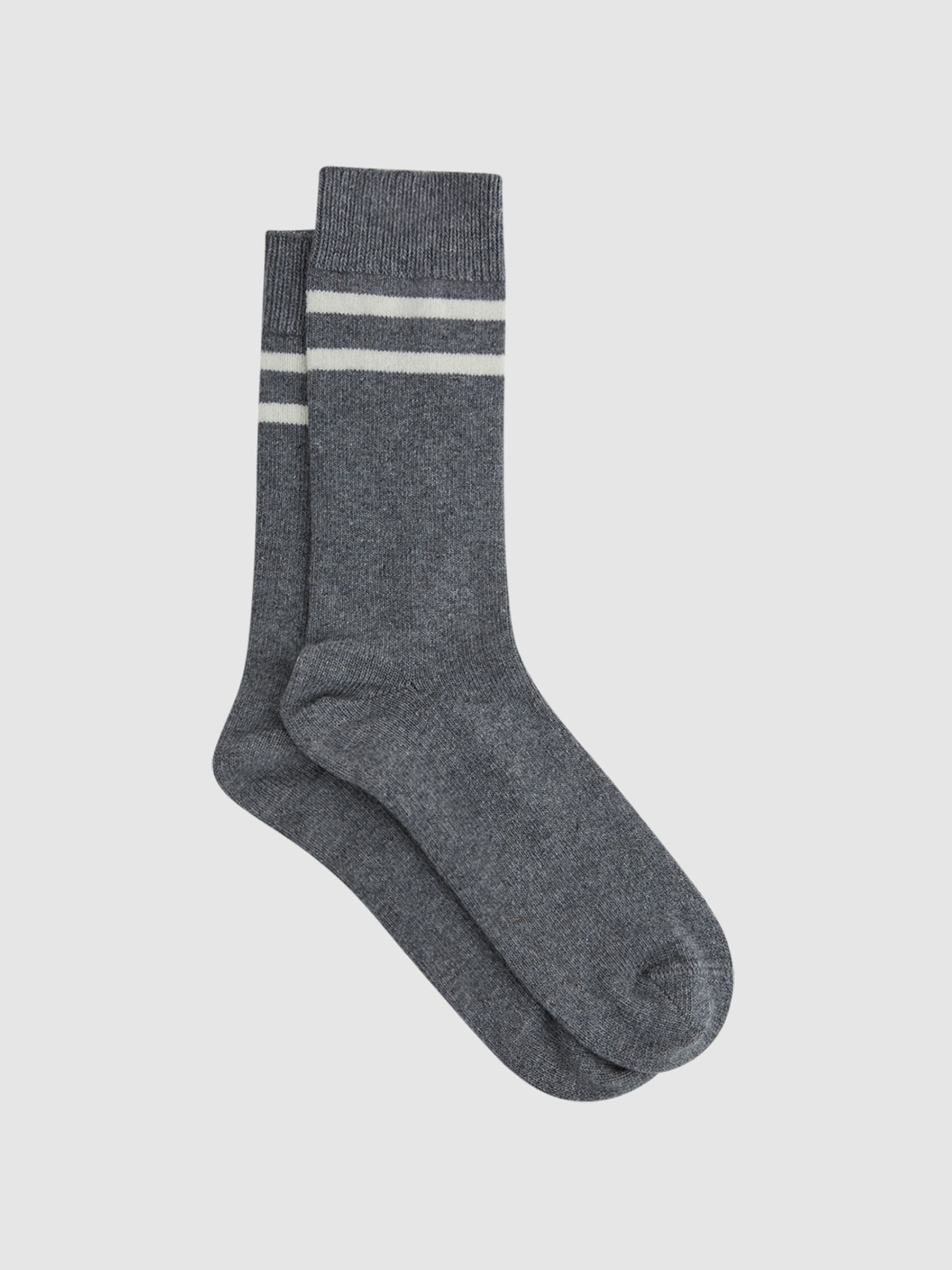 Wool Blend Striped Crew Socks in Grey Melange