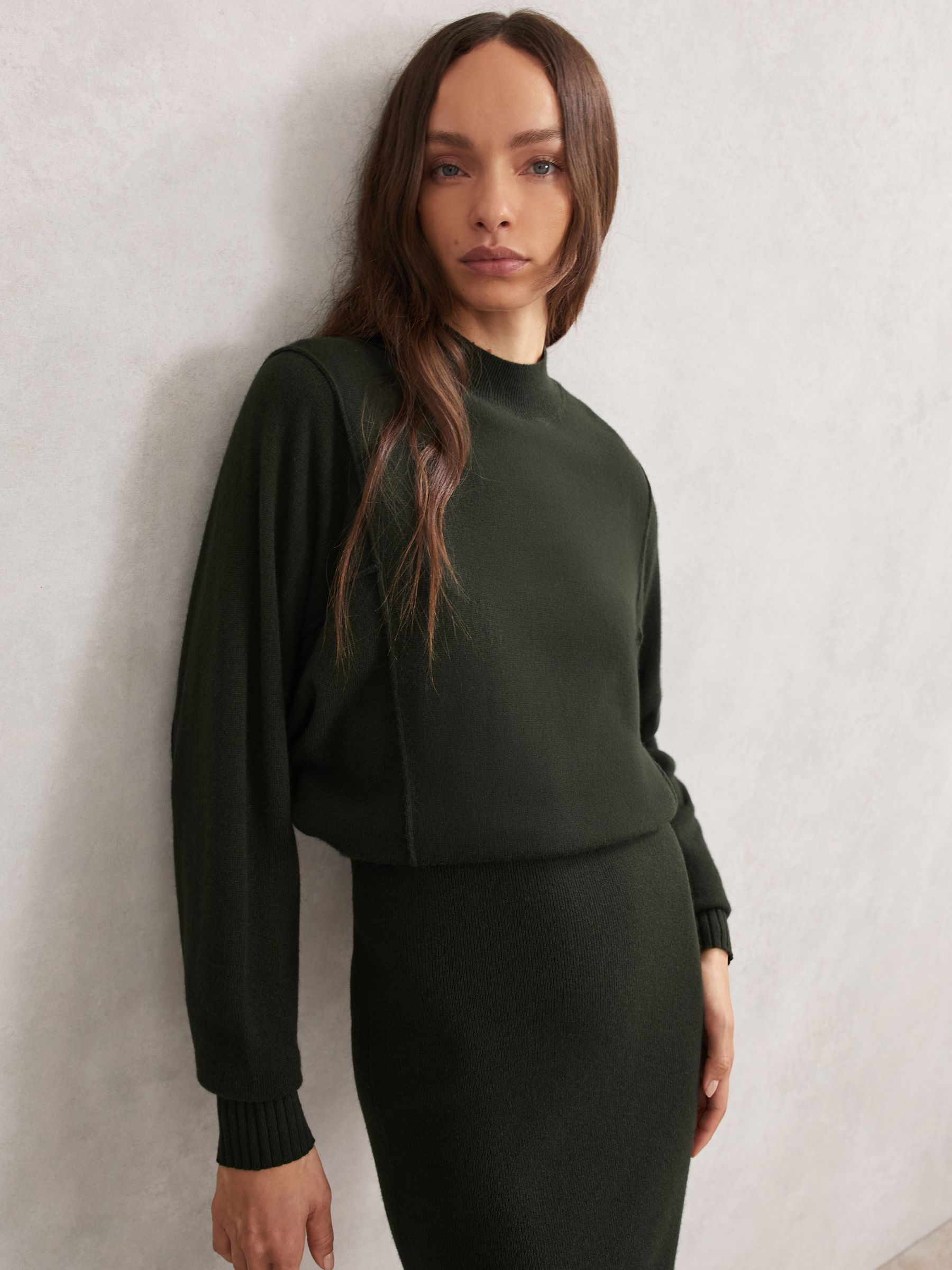 Wool-Blend High-Neck Knitted Dress with Cashmere in Dark Green