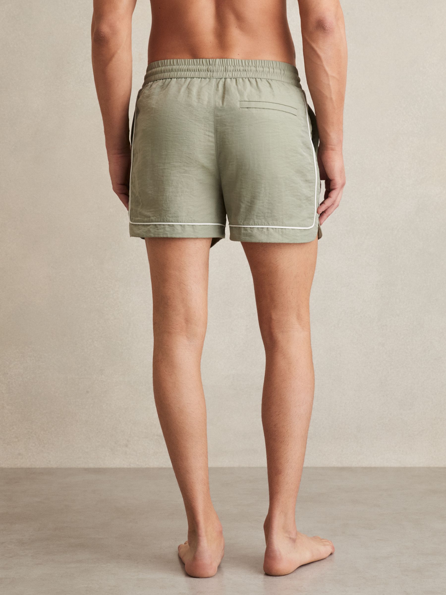 Piped Drawstring Swim Shorts in Pistachio/Off White