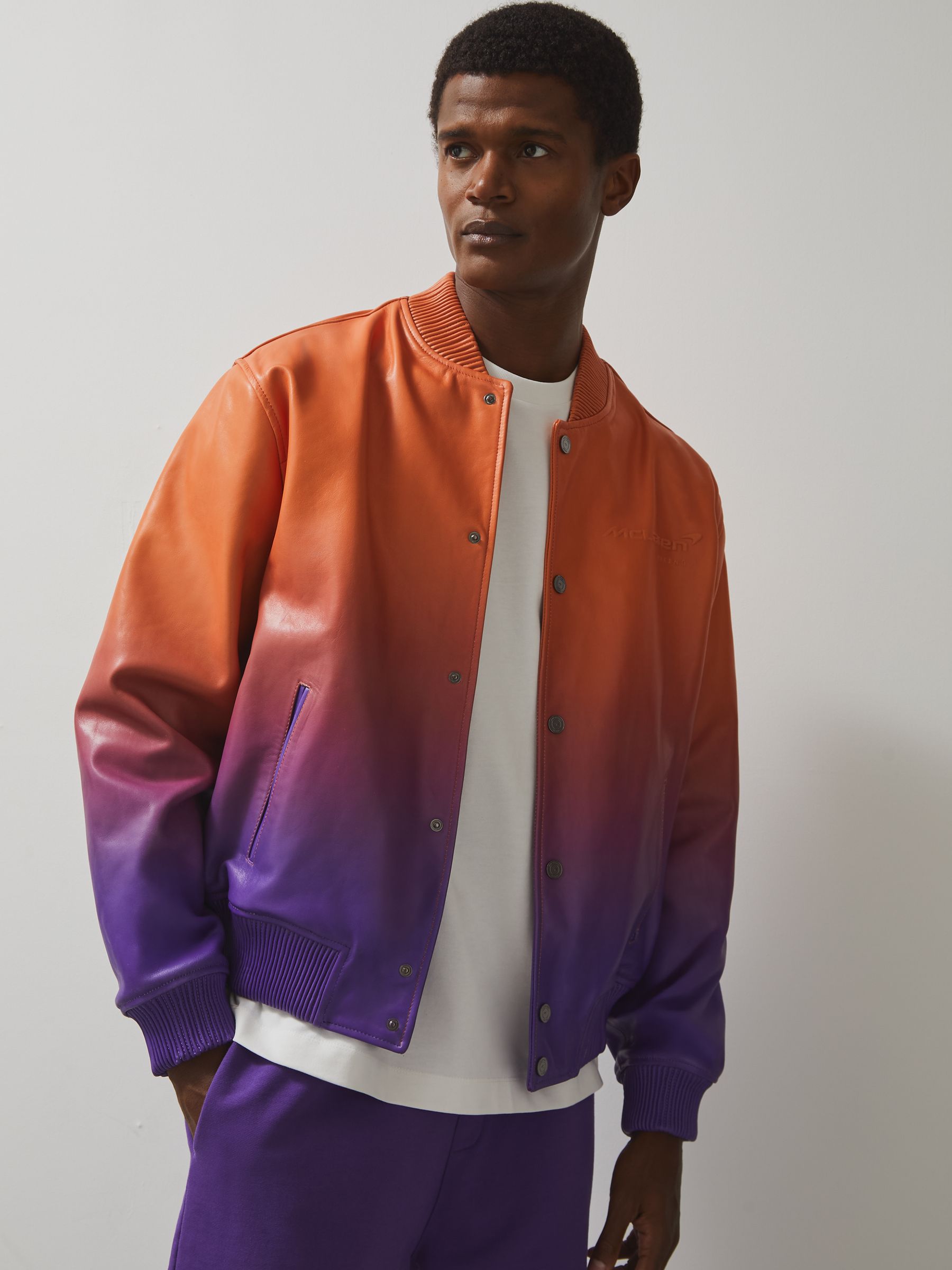 McLaren F1 Team Ombré Leather Jacket in Papaya Orange/Purple