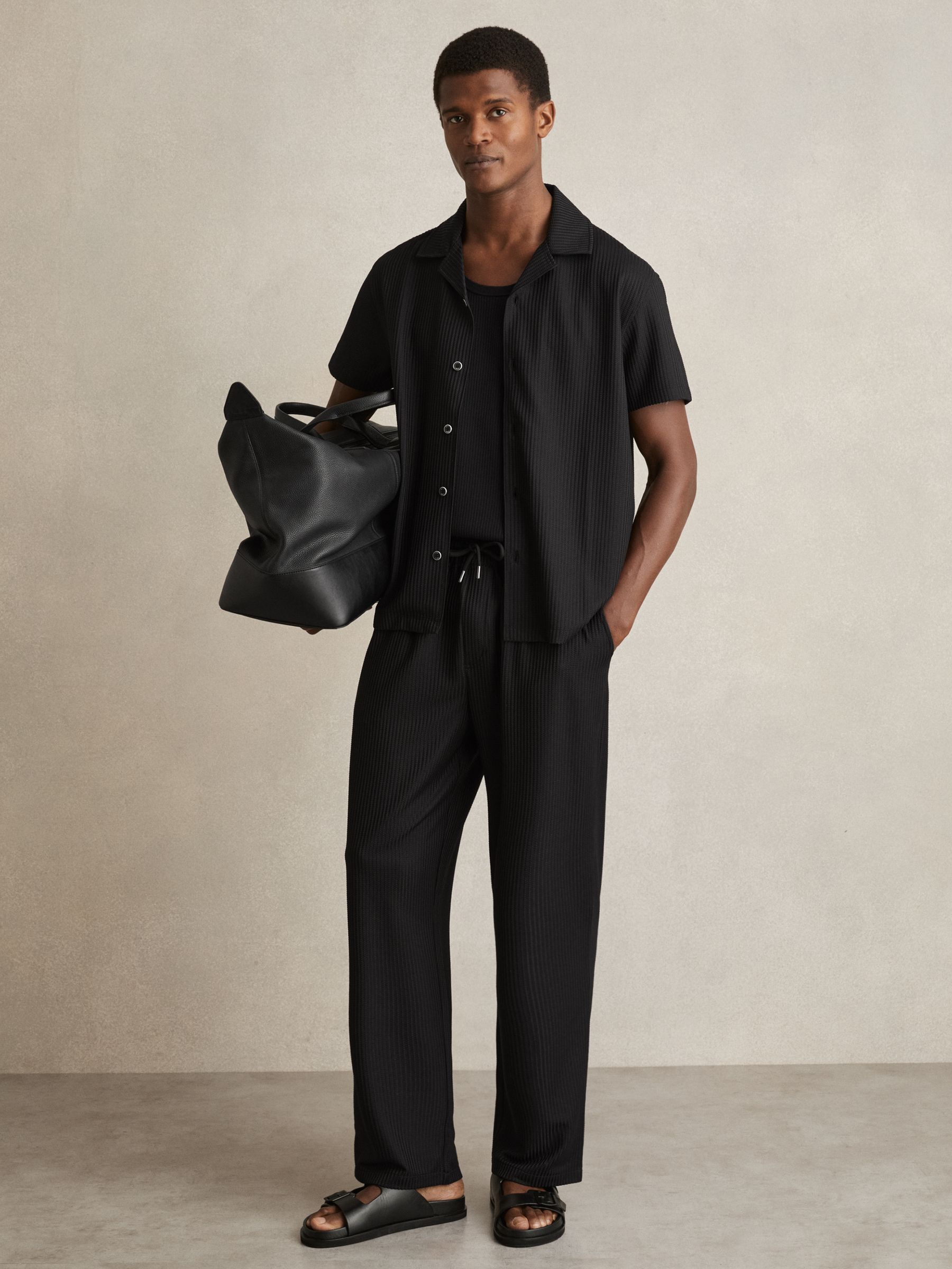 Textured-Knit Cuban-Collar Shirt in Black