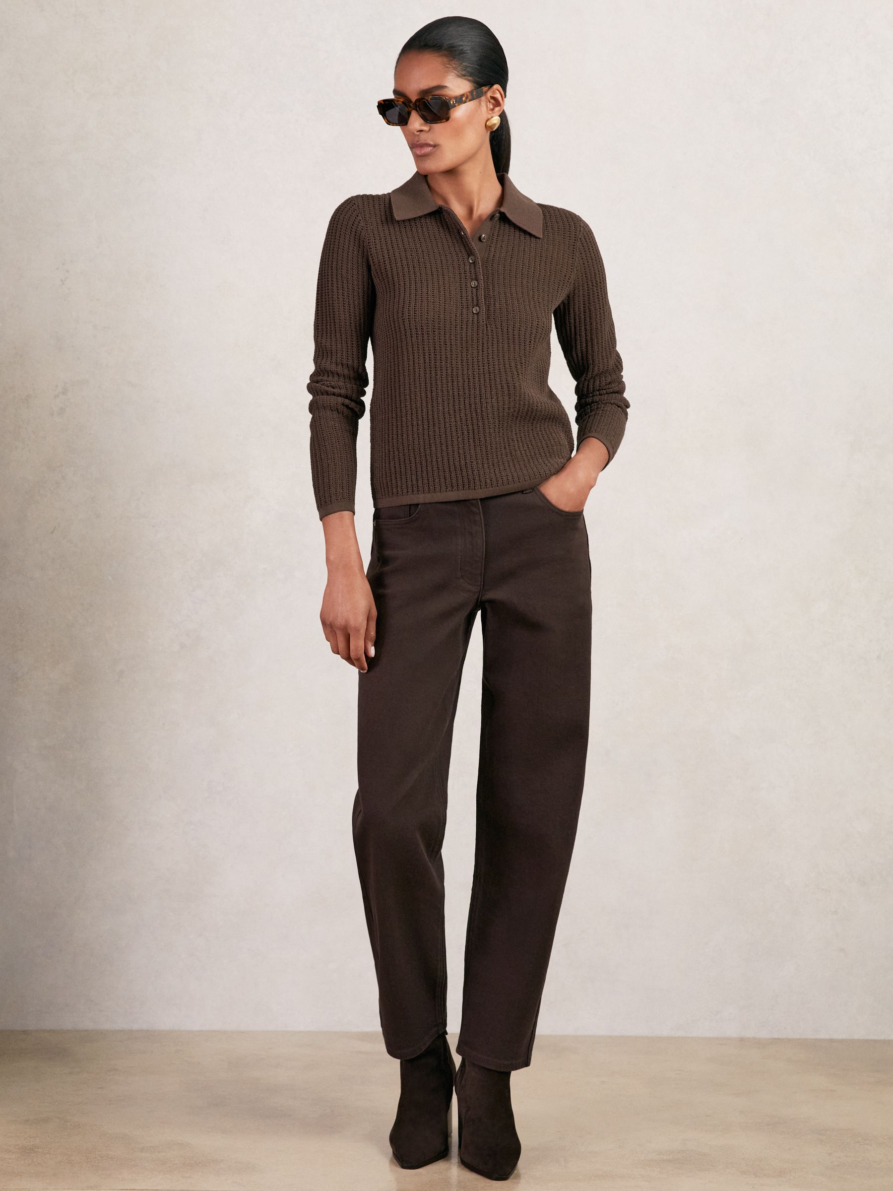 Open-Knit Long-Sleeve Polo Top in Chocolate Brown