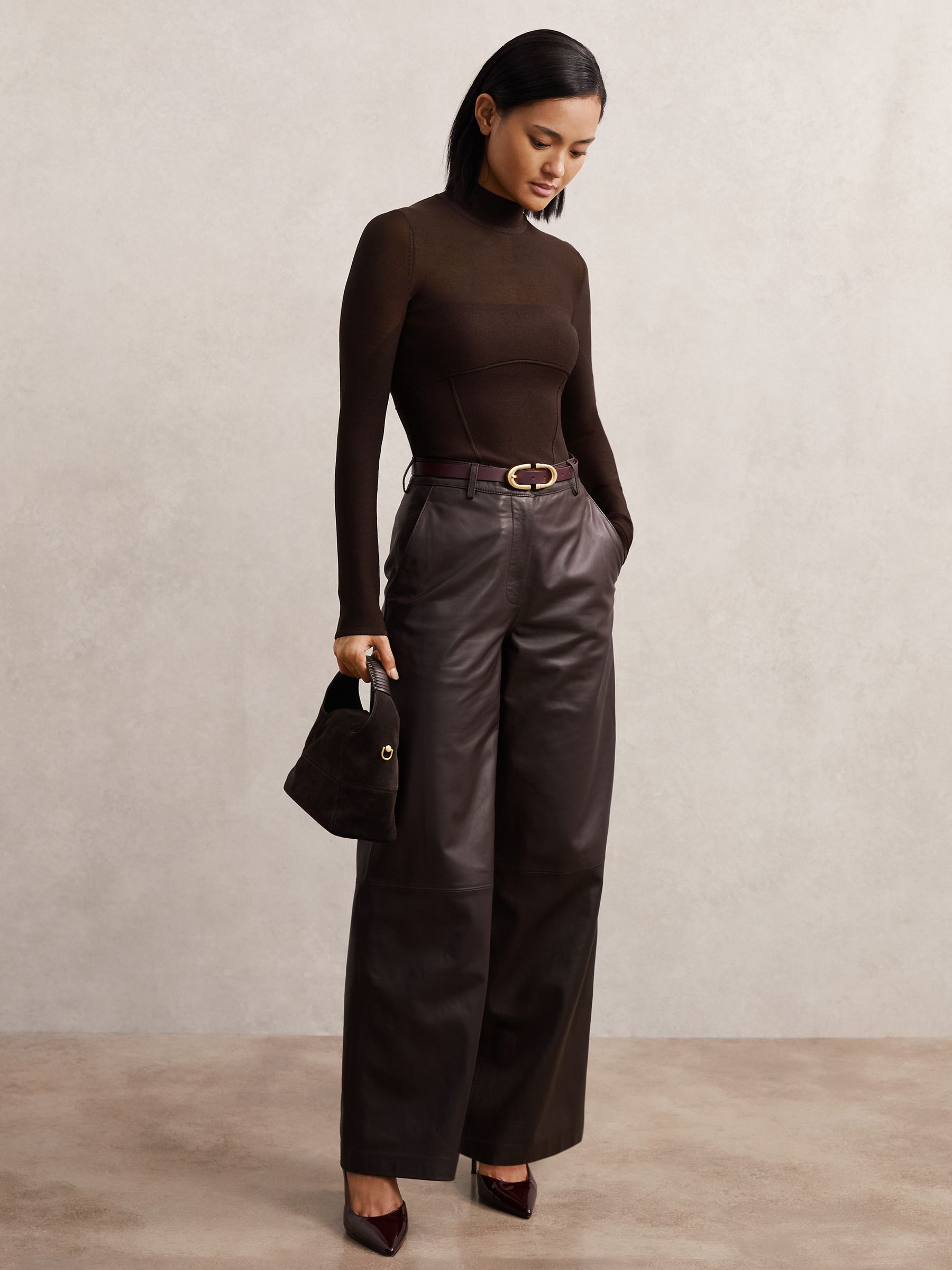 Mesh Funnel-Neck Knit Top in Chocolate Brown