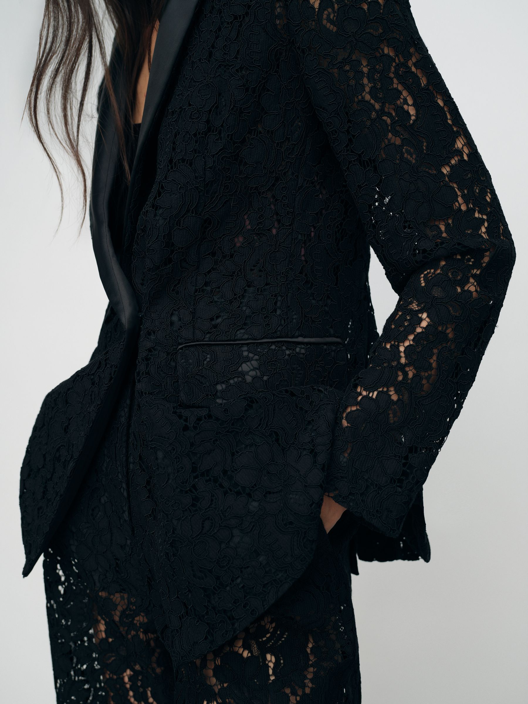 Double-Breasted Lace Tuxedo Blazer in Black