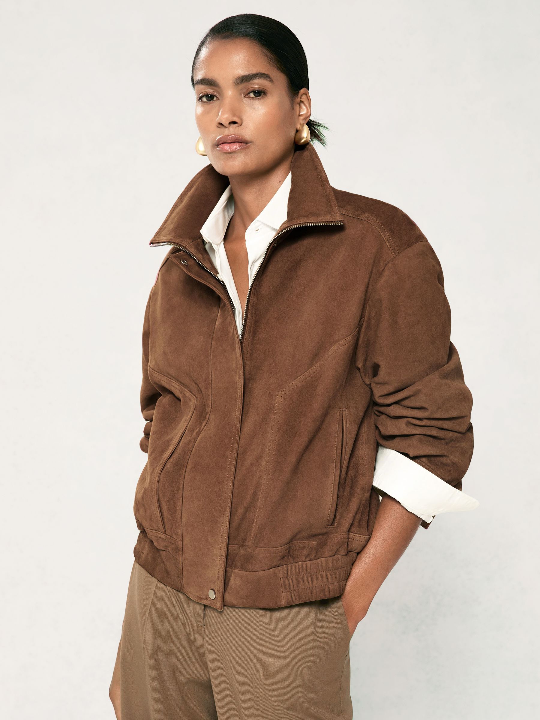 Suede Funnel-Neck Bomber Jacket in Tan