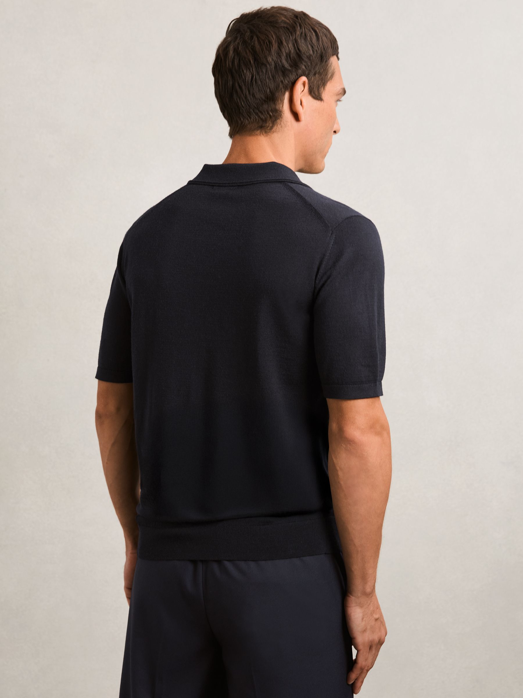Merino Wool Open-Collar Polo Shirt in Navy