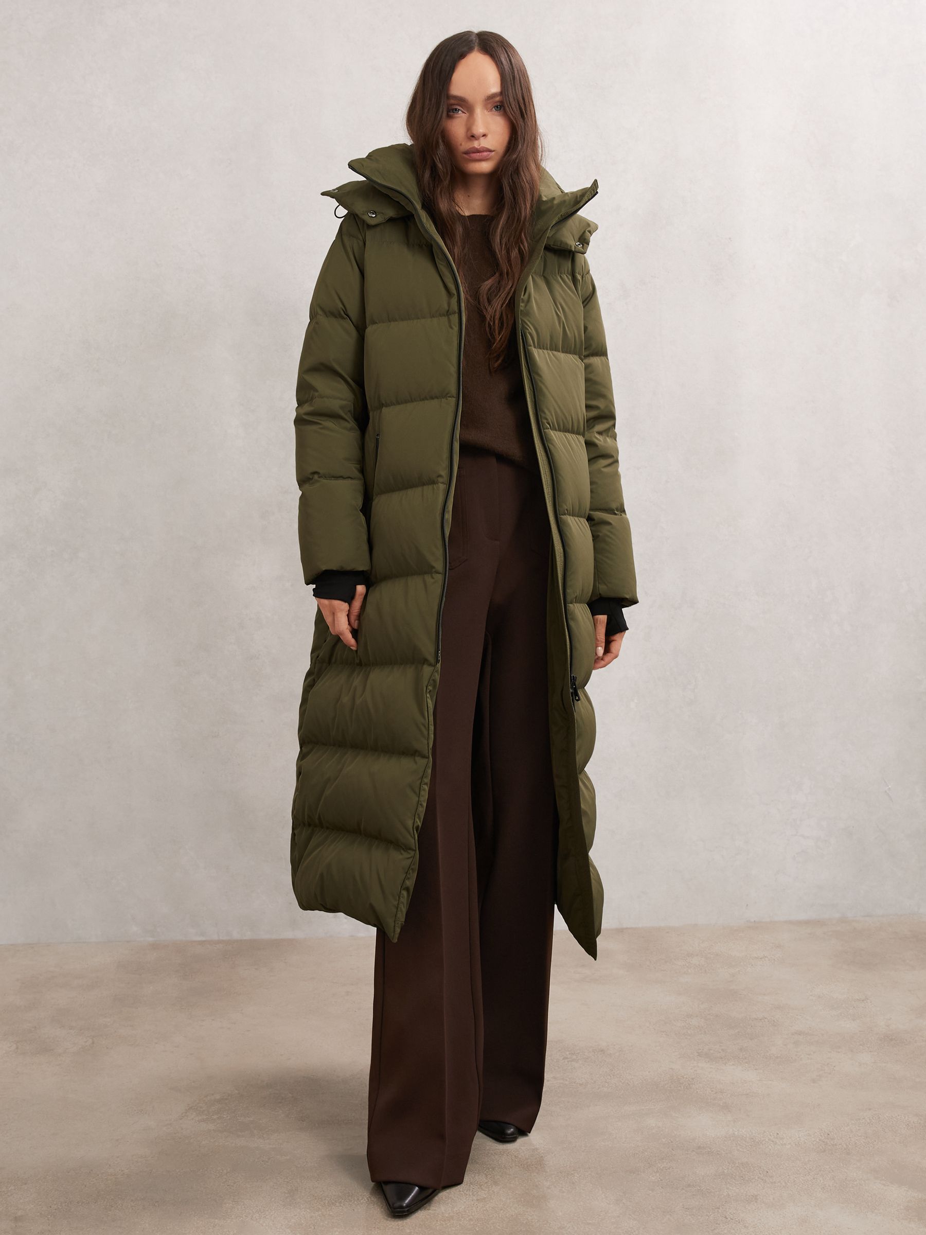 Belted Longline Hooded Puffer Coat in Khaki