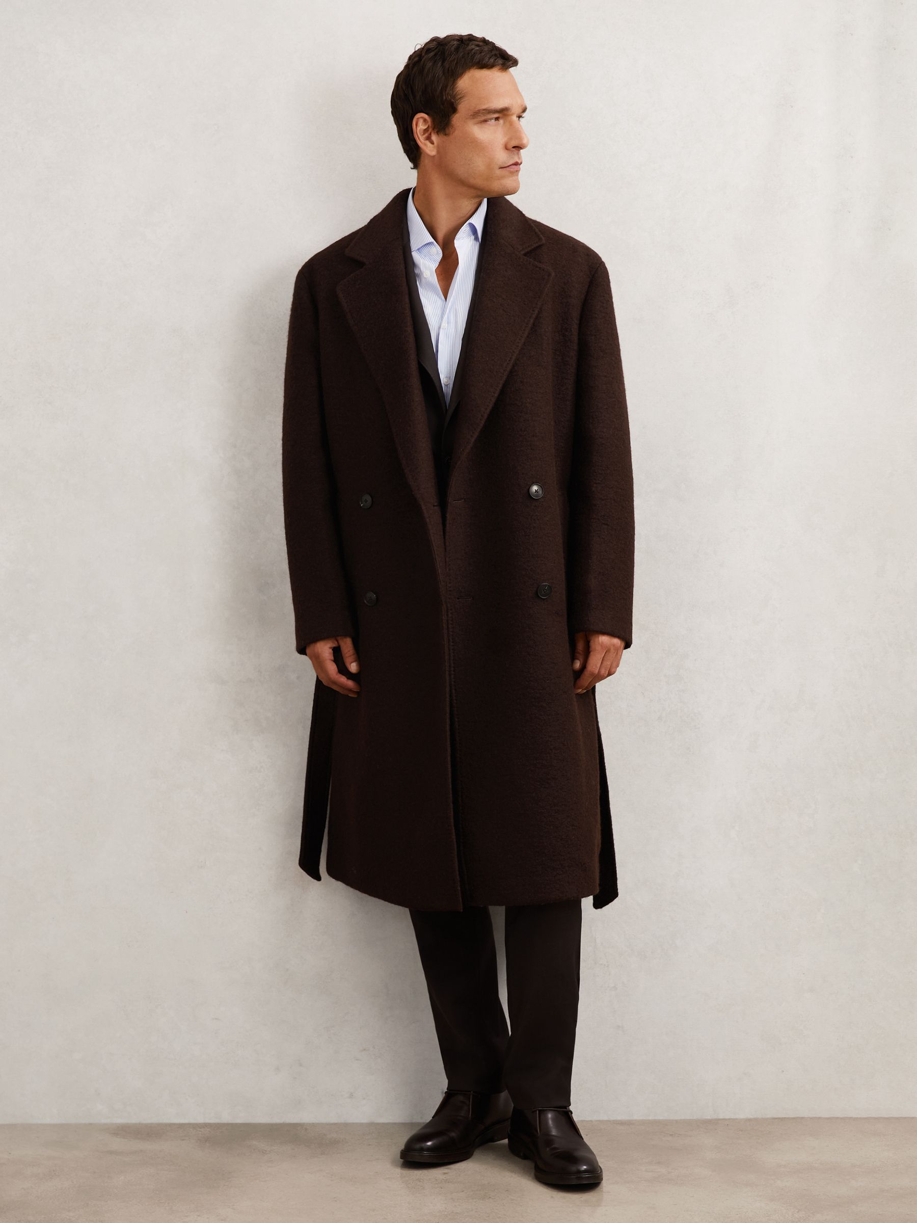 Bouclé Double-Breasted Overcoat Wool-Blend in Chocolate Brown