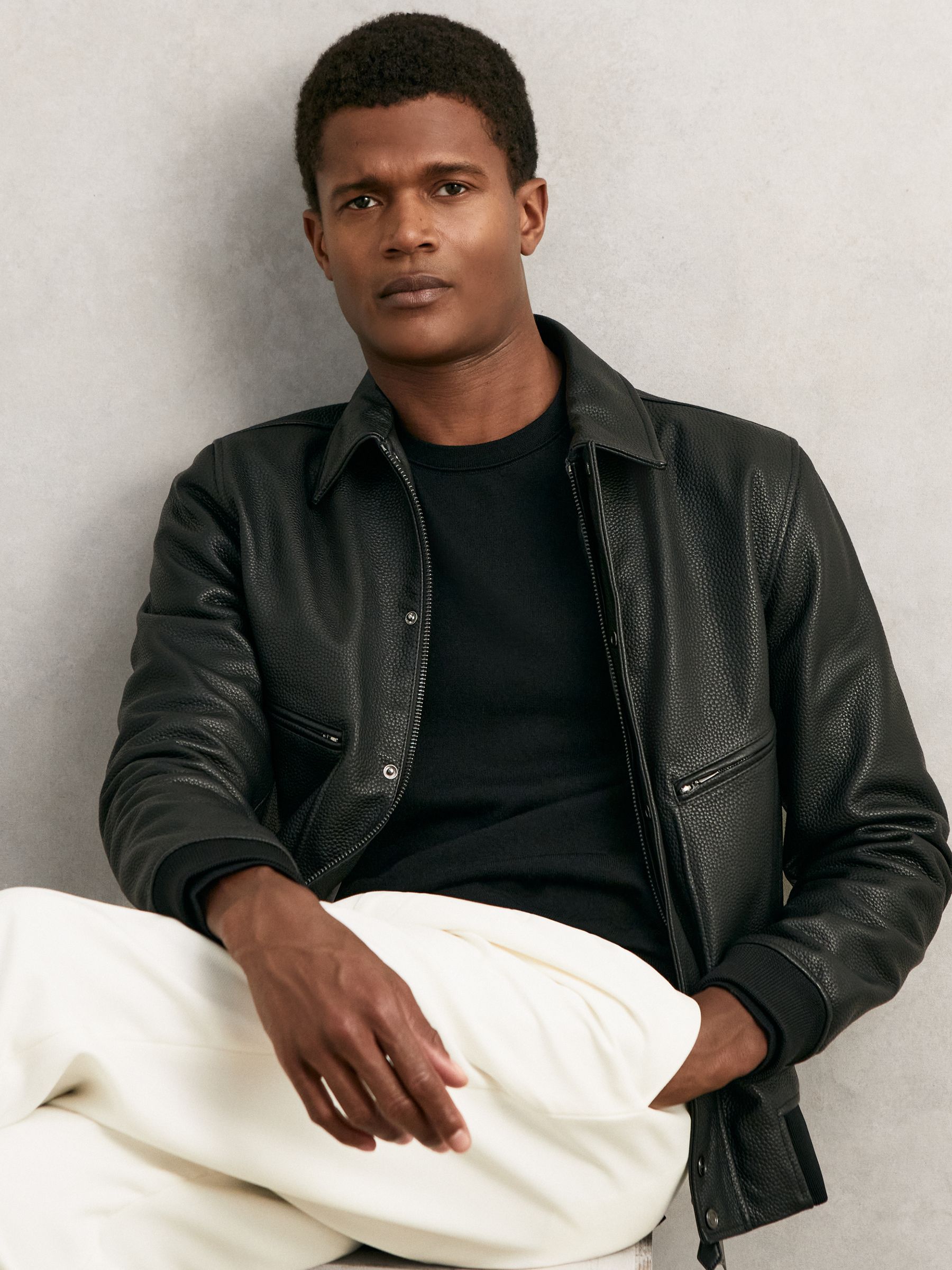 Grained Leather Zip Through Jacket in Black