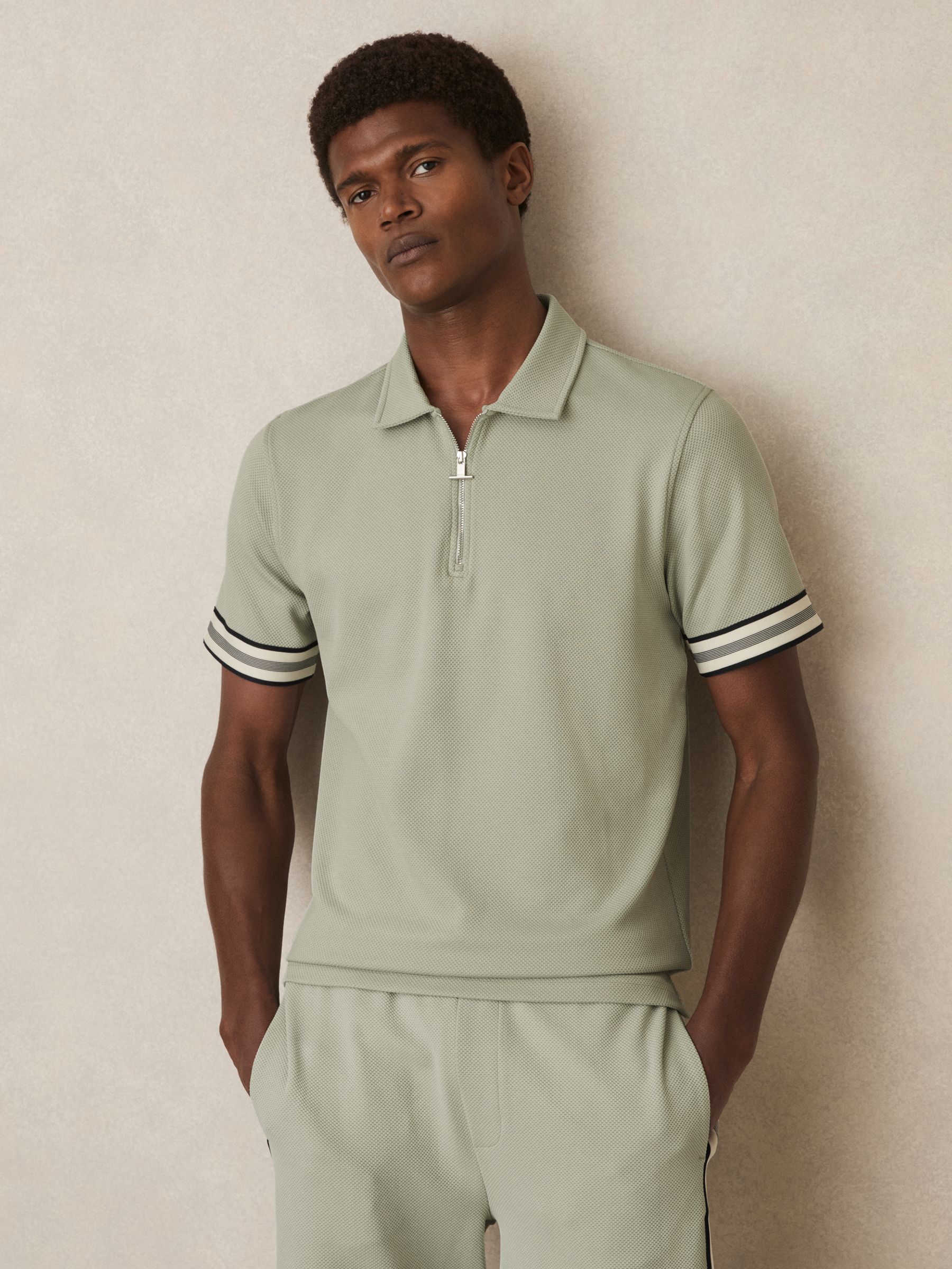 Textured Contrast Trim Half-Zip Polo Shirt in Sage Green