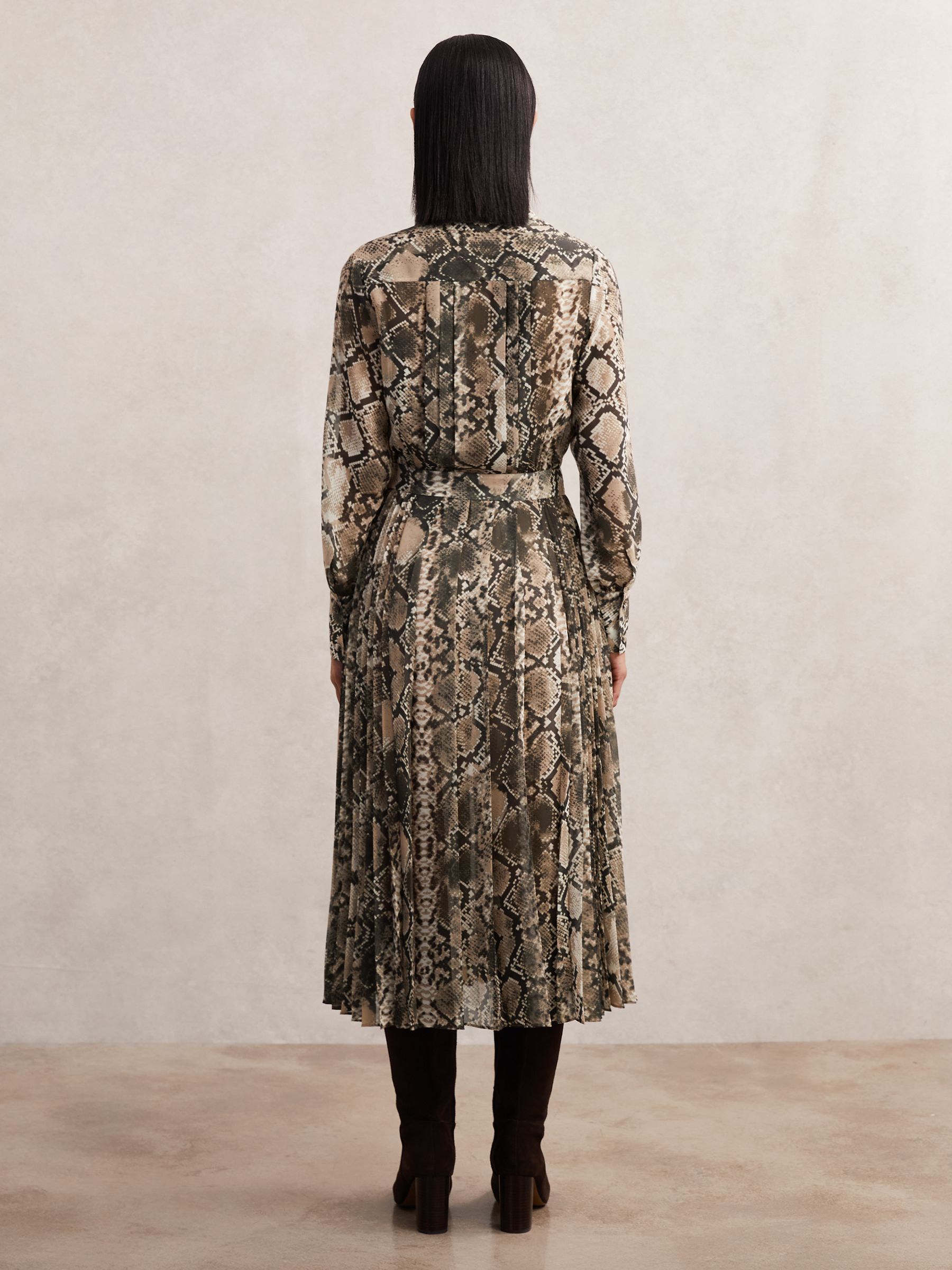 Snake-Print Pleated Midi Dress in Neutral