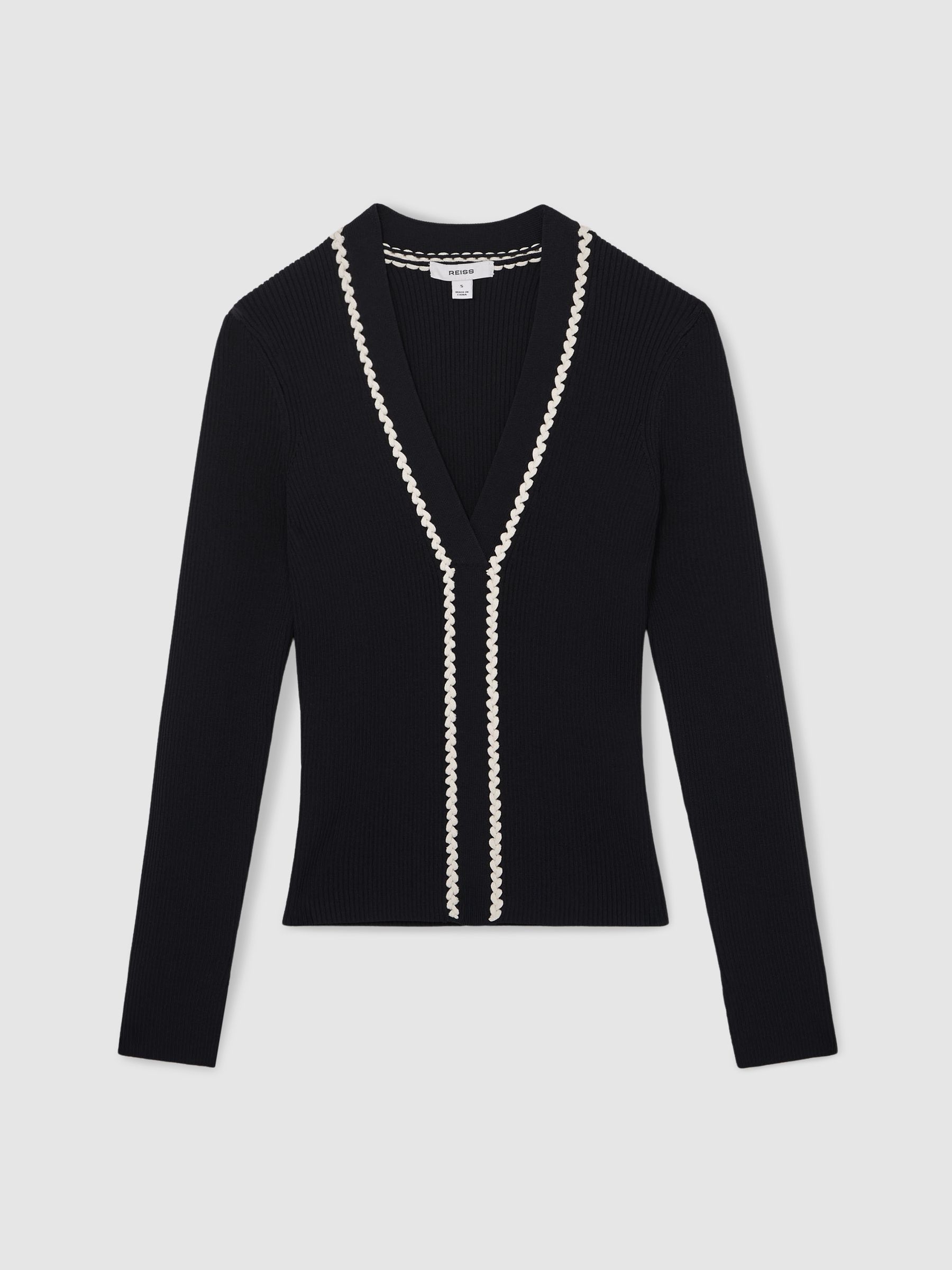 Craft-Stitch Rib-Knit Top in Navy/White